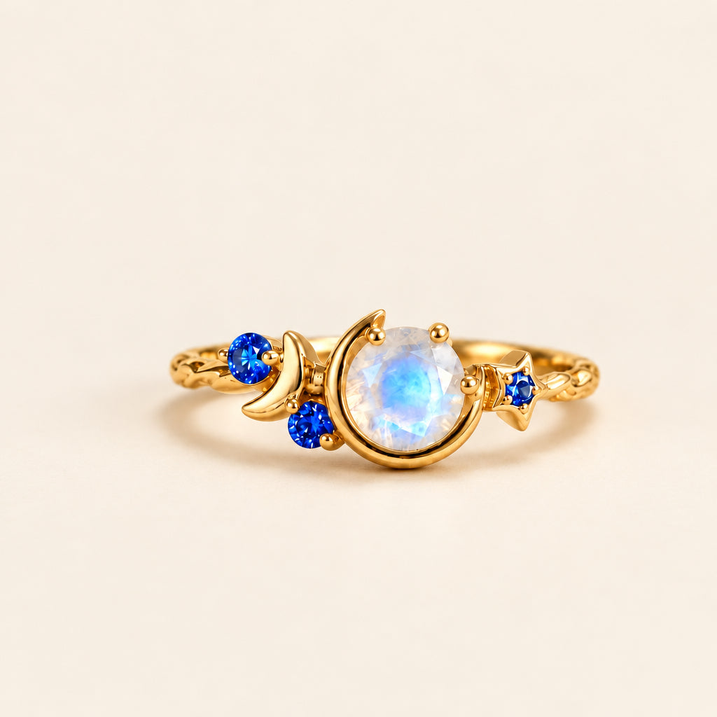 A gold ring featuring a crescent moon and star design with a central iridescent moonstone and blue gemstone accents, resting on a textured beige fabric with soft green leaves in the background.