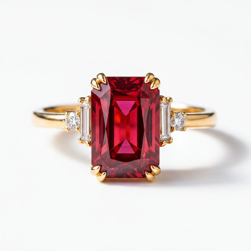 A yellow gold ring featuring a large rectangular emerald-cut red gemstone in the center, flanked by two small baguette-cut clear stones on each side, set against a dark textured background.