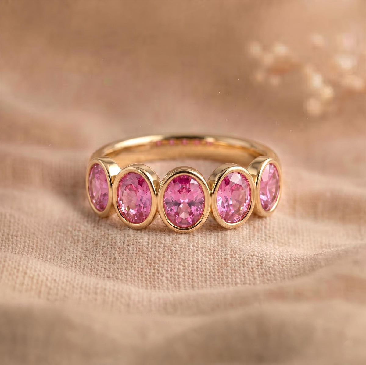 Pink Gemstone Ring â€¢ 14k Gold Bevel Oval Band â€¢ Vintage Five Stone Eternity Jewelry â€¢ Minimalist Engagement Promise Anniversary Gift for Her