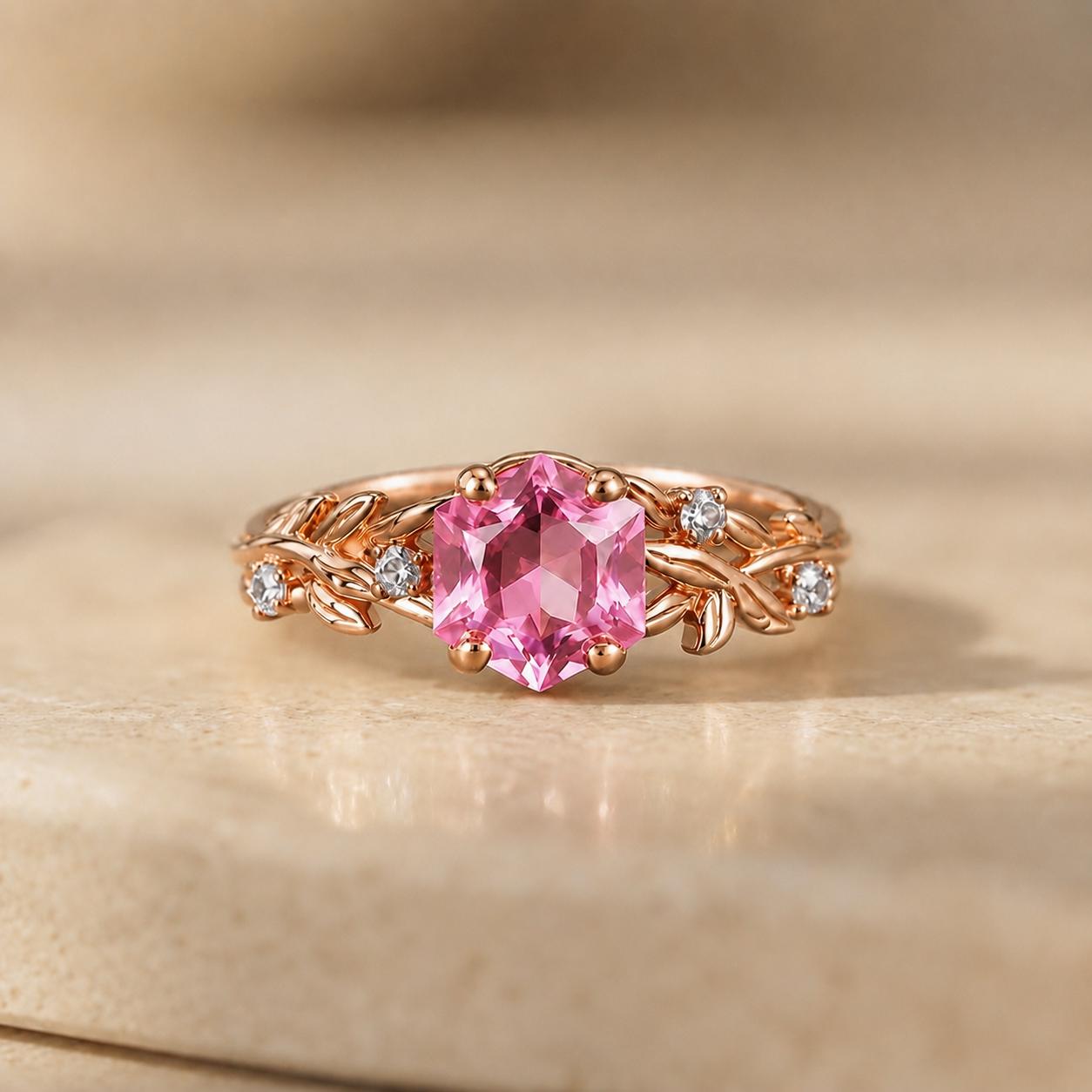 Hexagon Pink Sapphire Engagement Ring