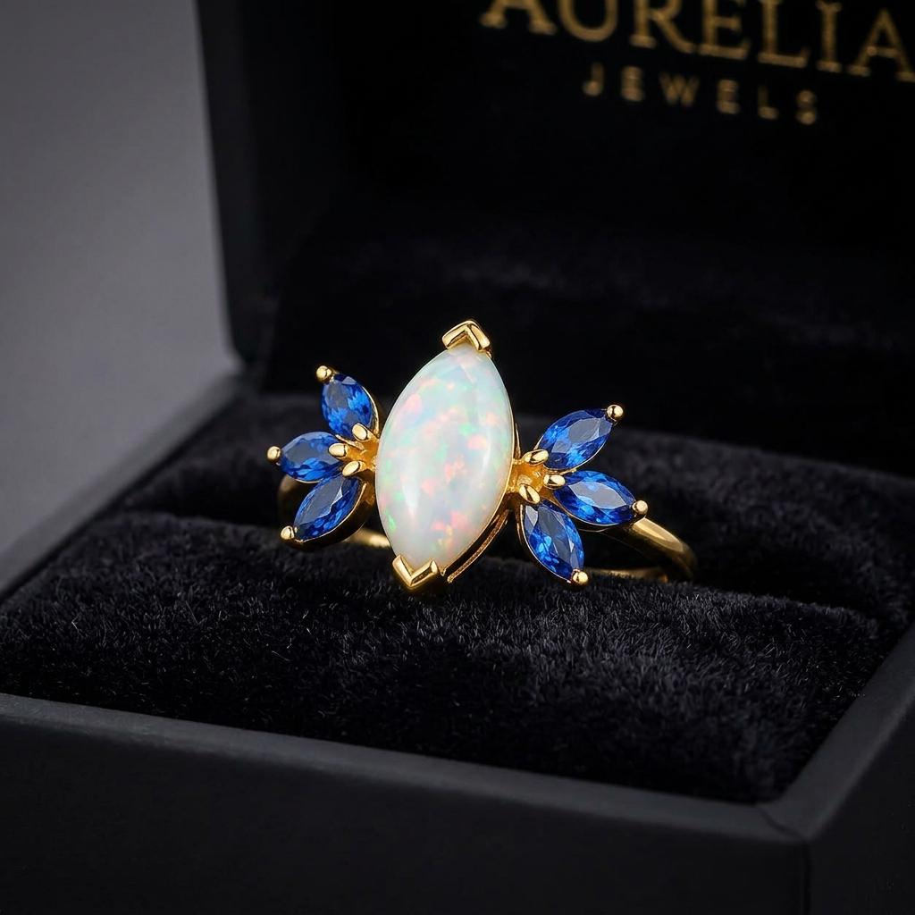 Marquise Opal Ring | Blue Sapphire Floral Engagement Ring | Vintage Inspired Promise Ring Solid Gold | Alternative Bridal Jewelry Women