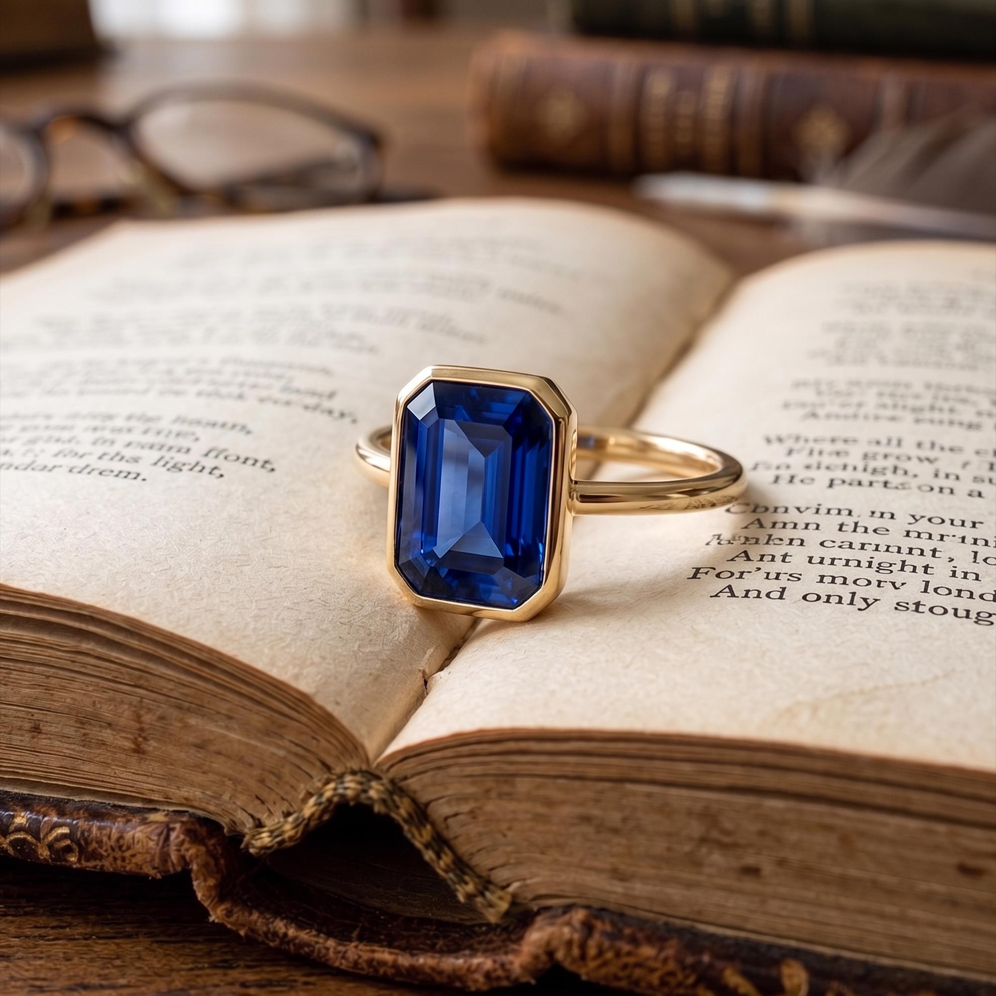 Blue Sapphire Ring Emerald Cut Bezel Solitaire, Lab Blue Sapphire Minimalist Vintage Engagement Ring, September Birthstone Anniversary Ring Silver or Gold