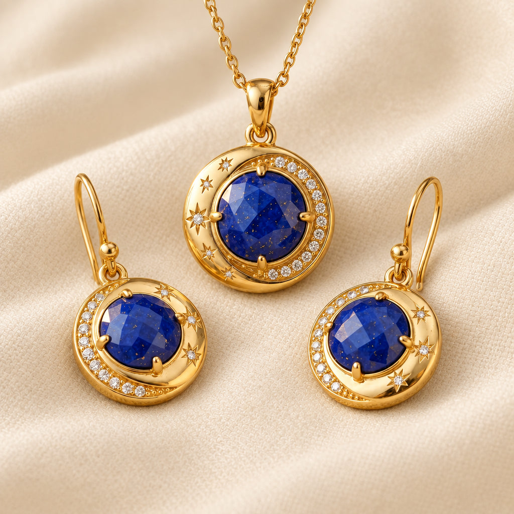 Gold-tone jewelry set featuring a pendant necklace and two matching drop earrings, each with a deep blue faceted gemstone surrounded by a halo of small clear stones, displayed on a textured beige fabric background.