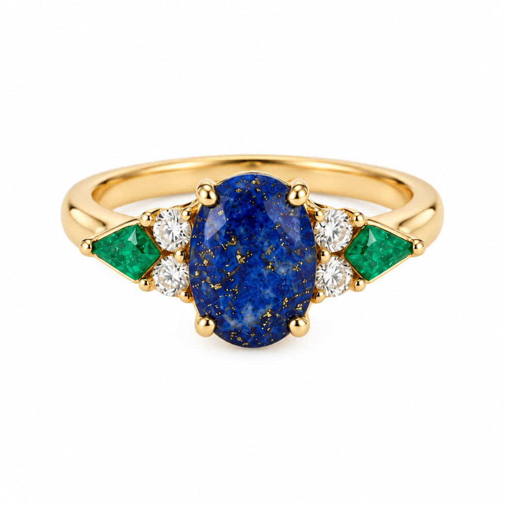 A gold ring with a large oval blue lapis lazuli stone and small green and clear accent stones, displayed on beige lace fabric with dried flowers and rustic background elements.