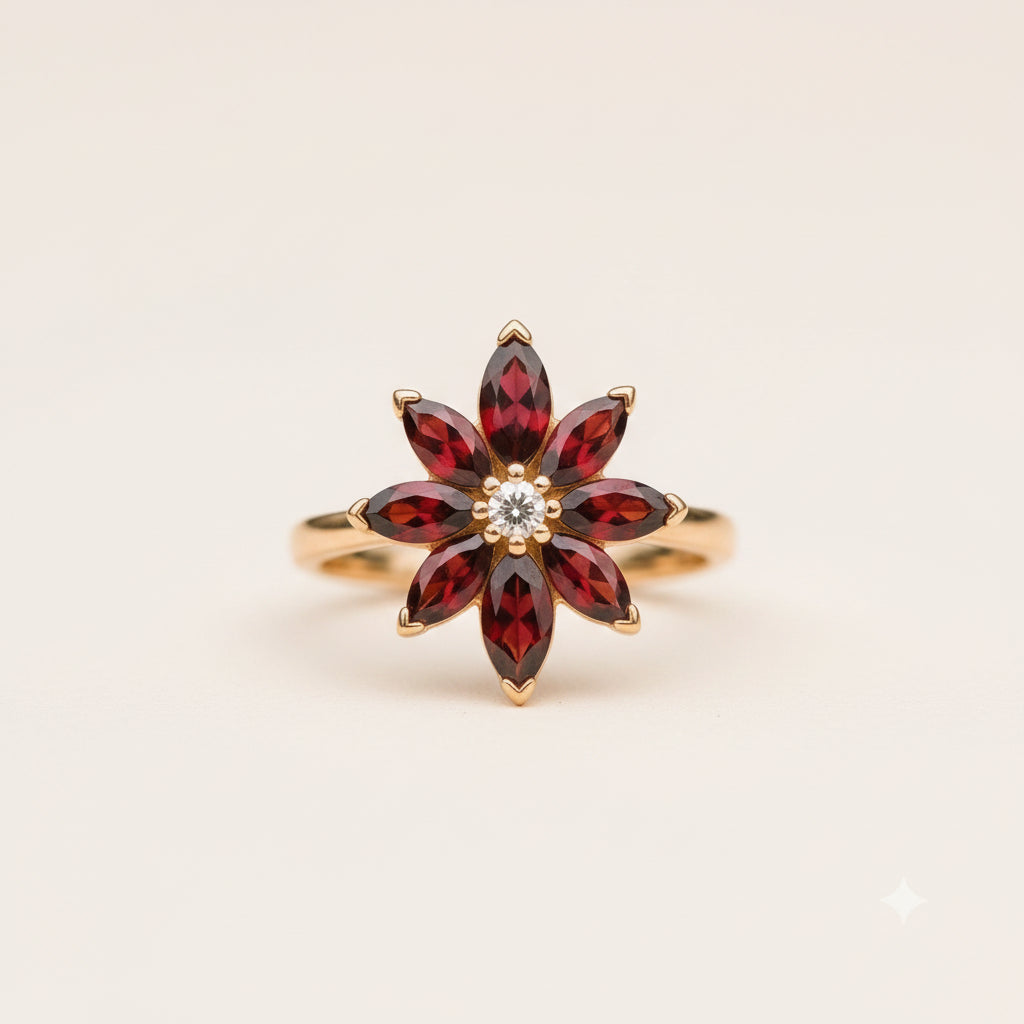 A gold flower ring with deep red marquise-cut gemstones and a small clear center stone, resting on a textured stone surface with a blurred natural background.