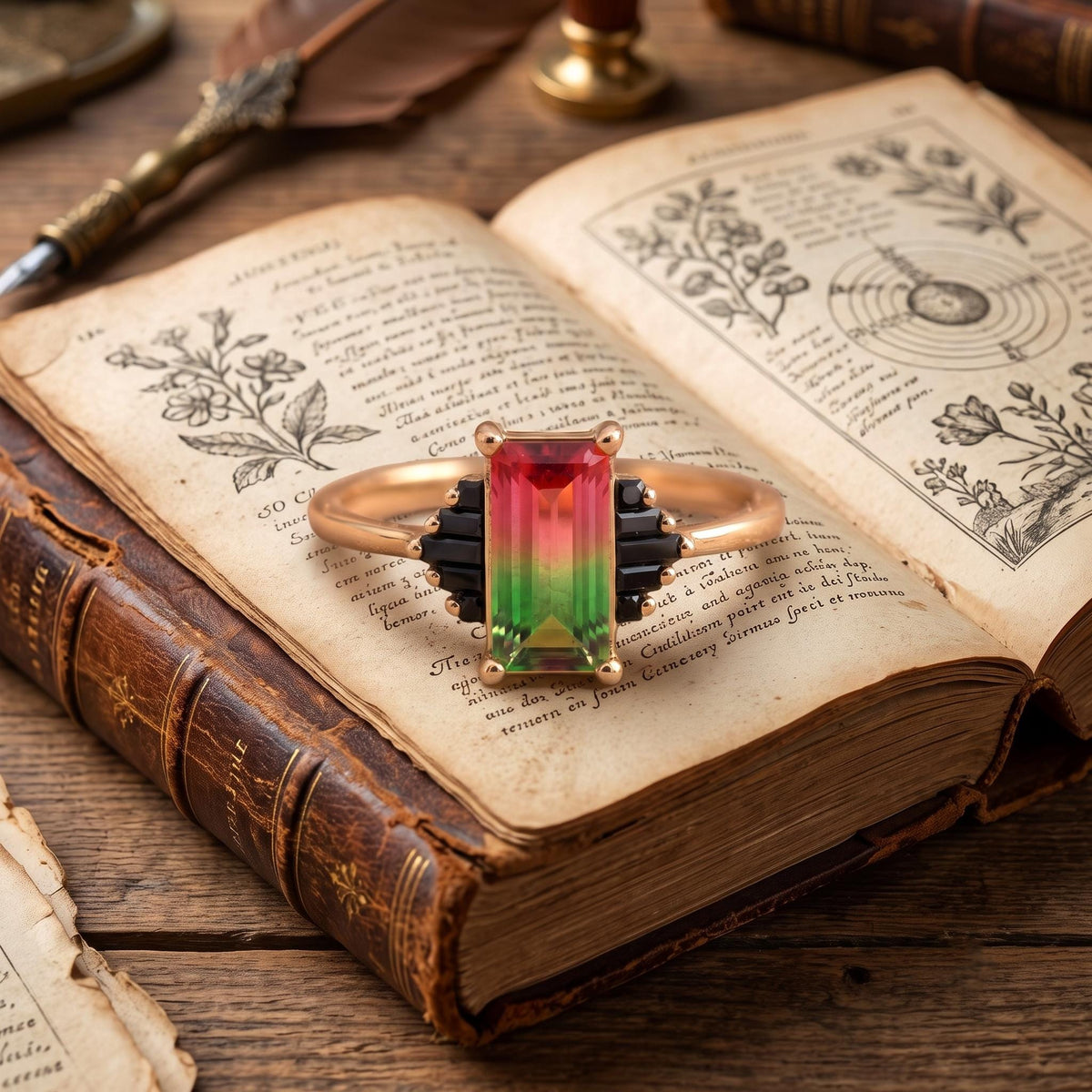 Baguette Watermelon Tourmaline Ring Black Onyx Engagement Art Deco Bridal Bi Color Gemstone Geometric Vintage Gold Anniversary Gift For Her