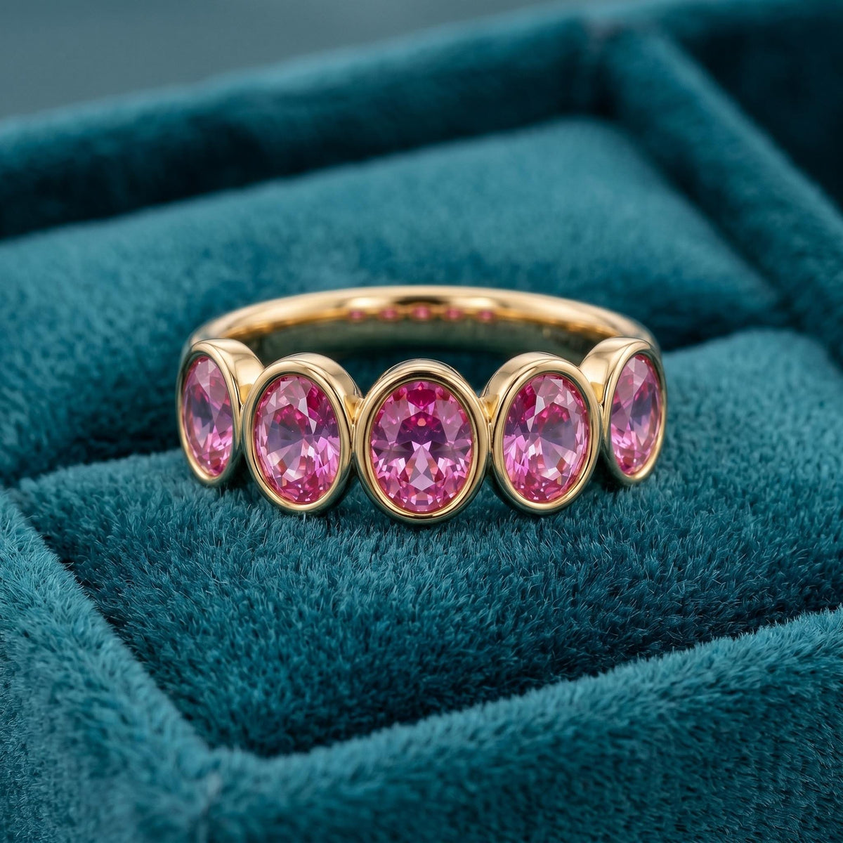 Pink Gemstone Ring â€¢ 14k Gold Bevel Oval Band â€¢ Vintage Five Stone Eternity Jewelry â€¢ Minimalist Engagement Promise Anniversary Gift for Her