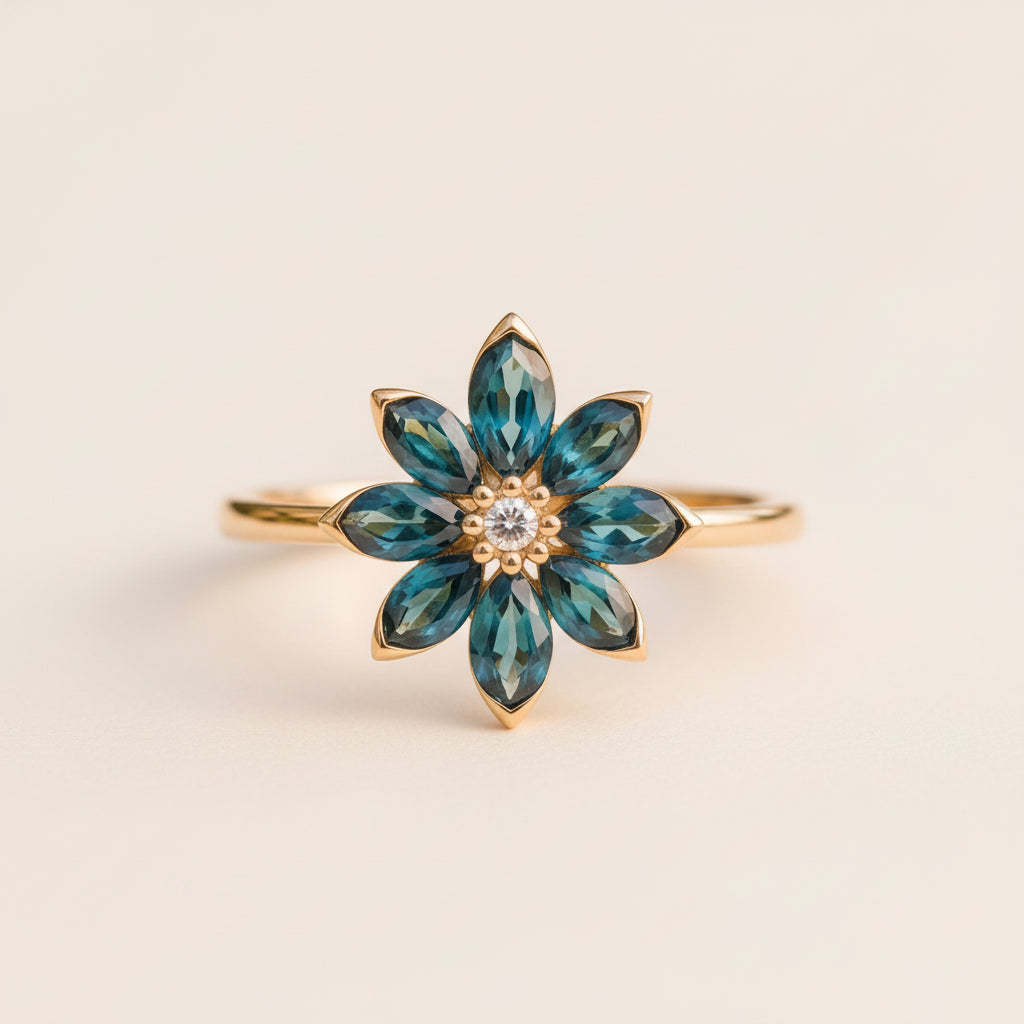 A gold flower-shaped ring with marquise-cut deep teal blue stones and a small clear center stone, resting on a textured stone surface with a blurred green garden background.