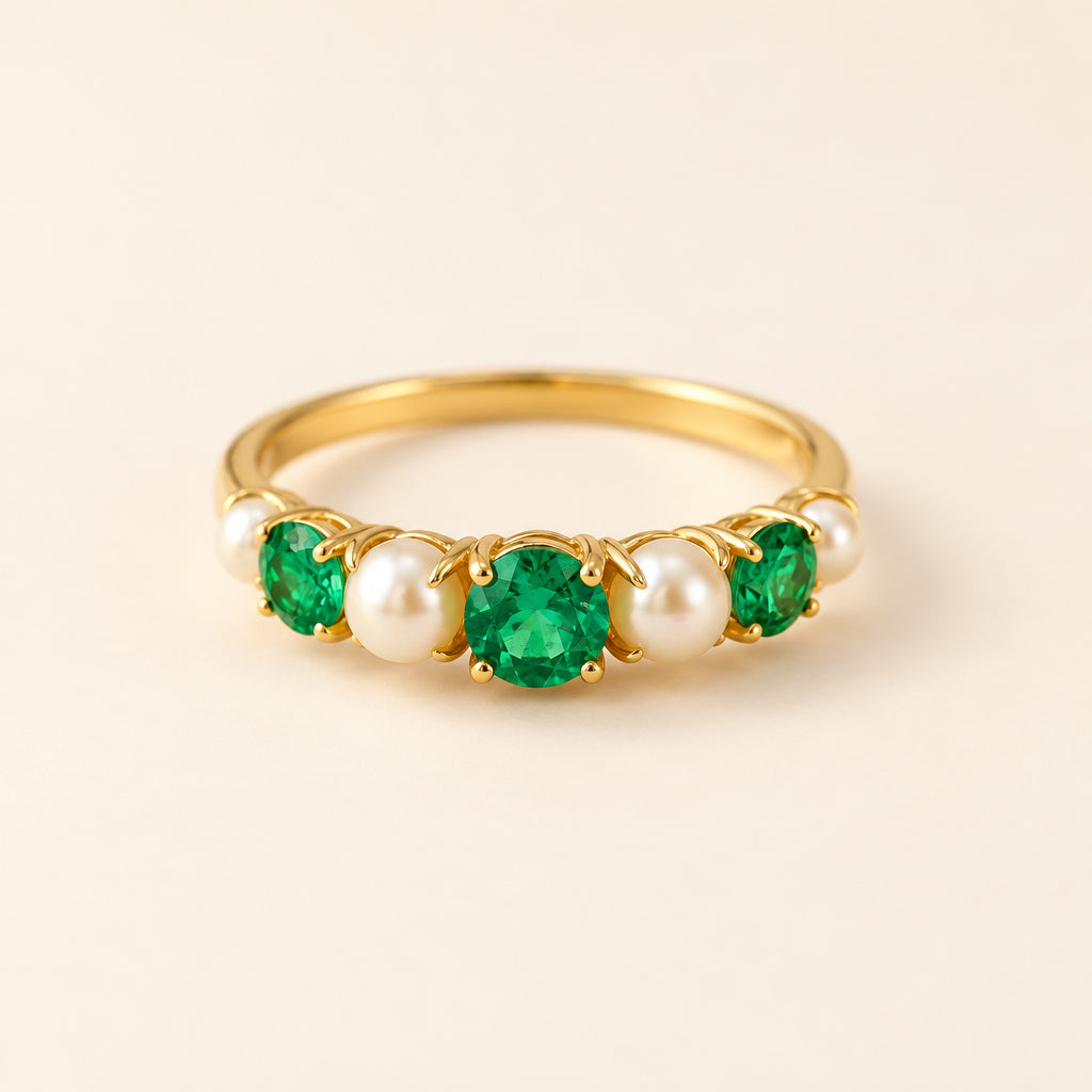 Emerald & Pearl Vintage-Inspired Anniversary Ring