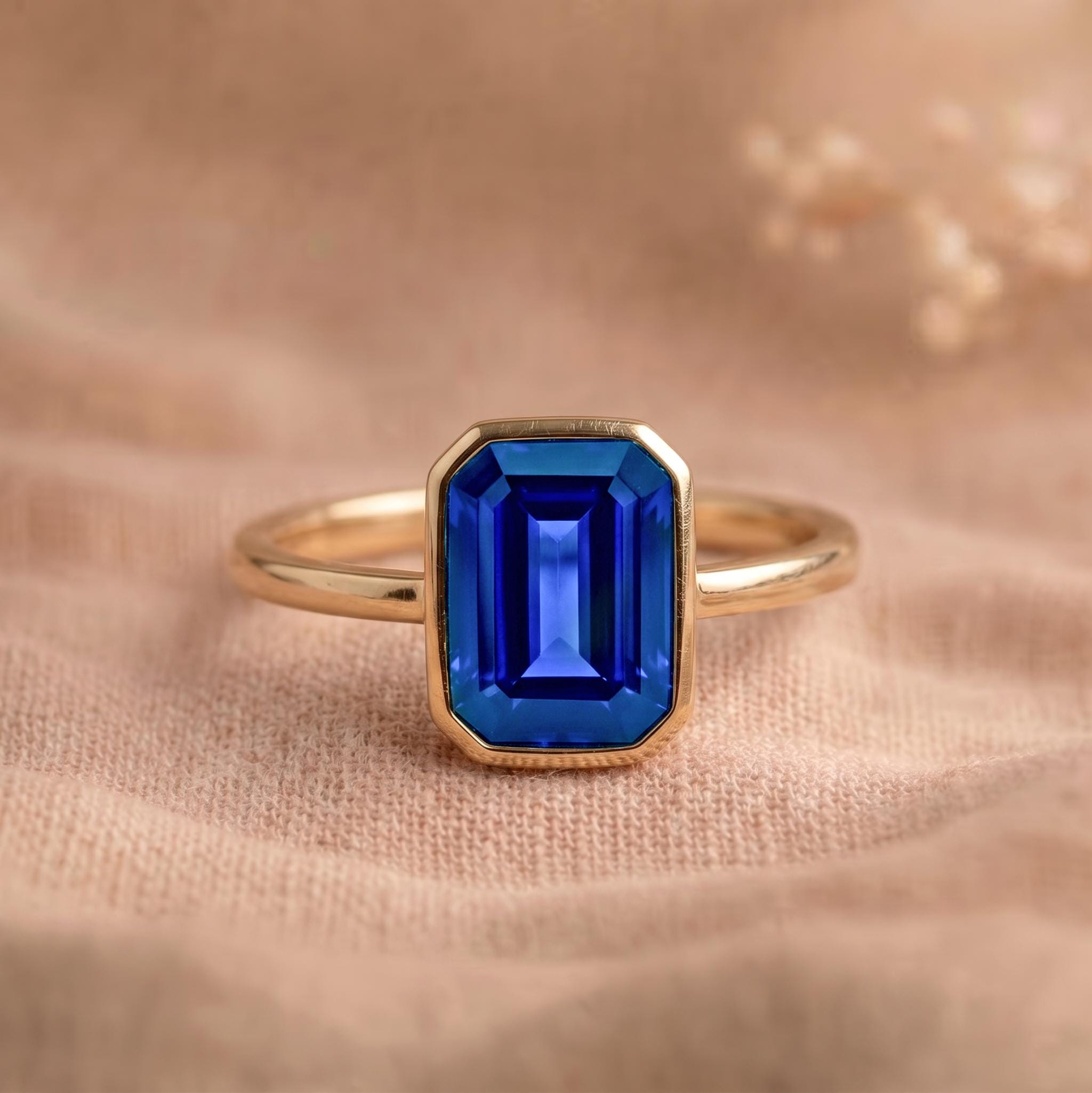 Blue Sapphire Ring Emerald Cut Bezel Solitaire, Lab Blue Sapphire Minimalist Vintage Engagement Ring, September Birthstone Anniversary Ring Silver or Gold