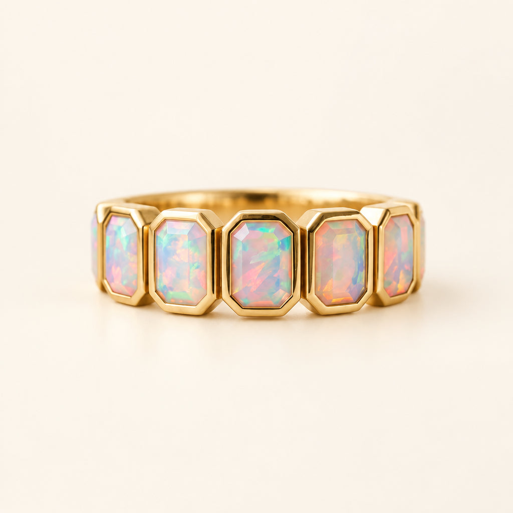Art Deco Opal Half Eternity Ring | Vintage Bezel Set Wedding Band | Lab Created Opal | 925 Silver or Gold Alloy