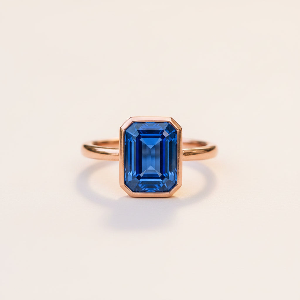 A rose gold ring featuring a large, faceted emerald-cut blue gemstone, resting on a textured stone surface with a soft-focus background of green leaves.