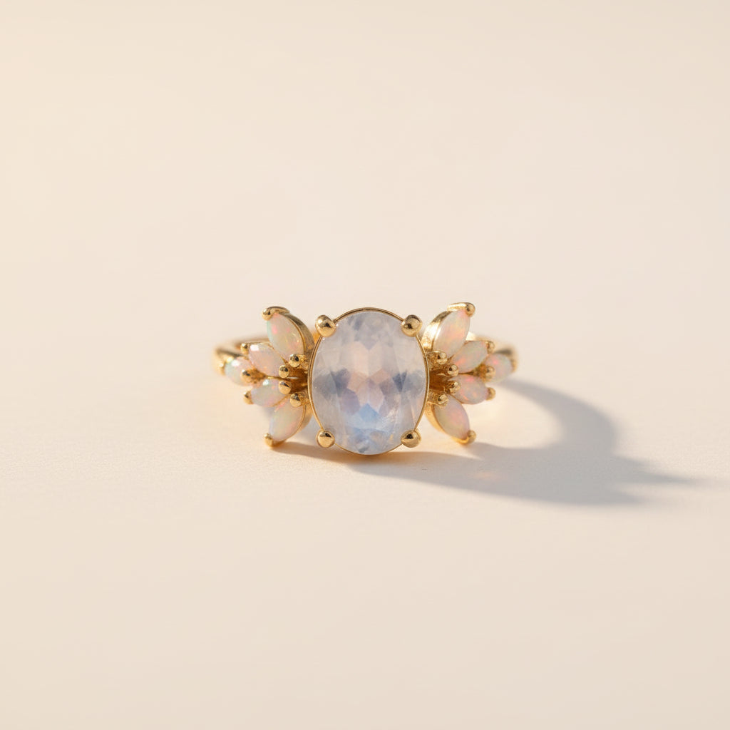 A gold ring featuring a large oval cabochon moonstone center stone and smaller marquise-cut iridescent stones on each side, photographed resting on a textured stone surface with blurred green foliage in the background.