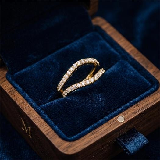 Round Moissanite Ring Enhancer Solid Gold Curved Wedding Band Matching Stacking Ring Double Chevron Guard Ring Minimalist Bridal Jewelry