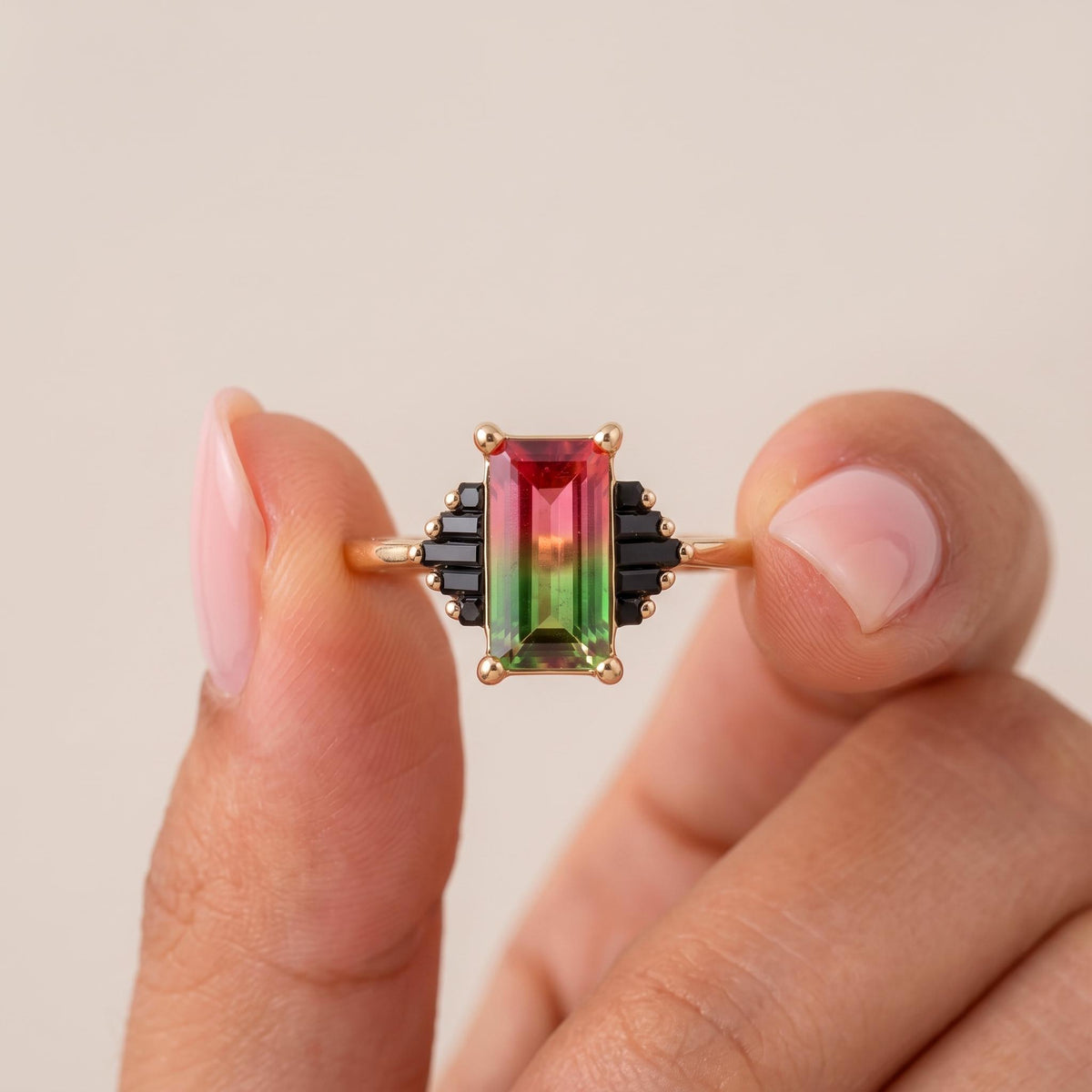Baguette Watermelon Tourmaline Ring Black Onyx Engagement Art Deco Bridal Bi Color Gemstone Geometric Vintage Gold Anniversary Gift For Her