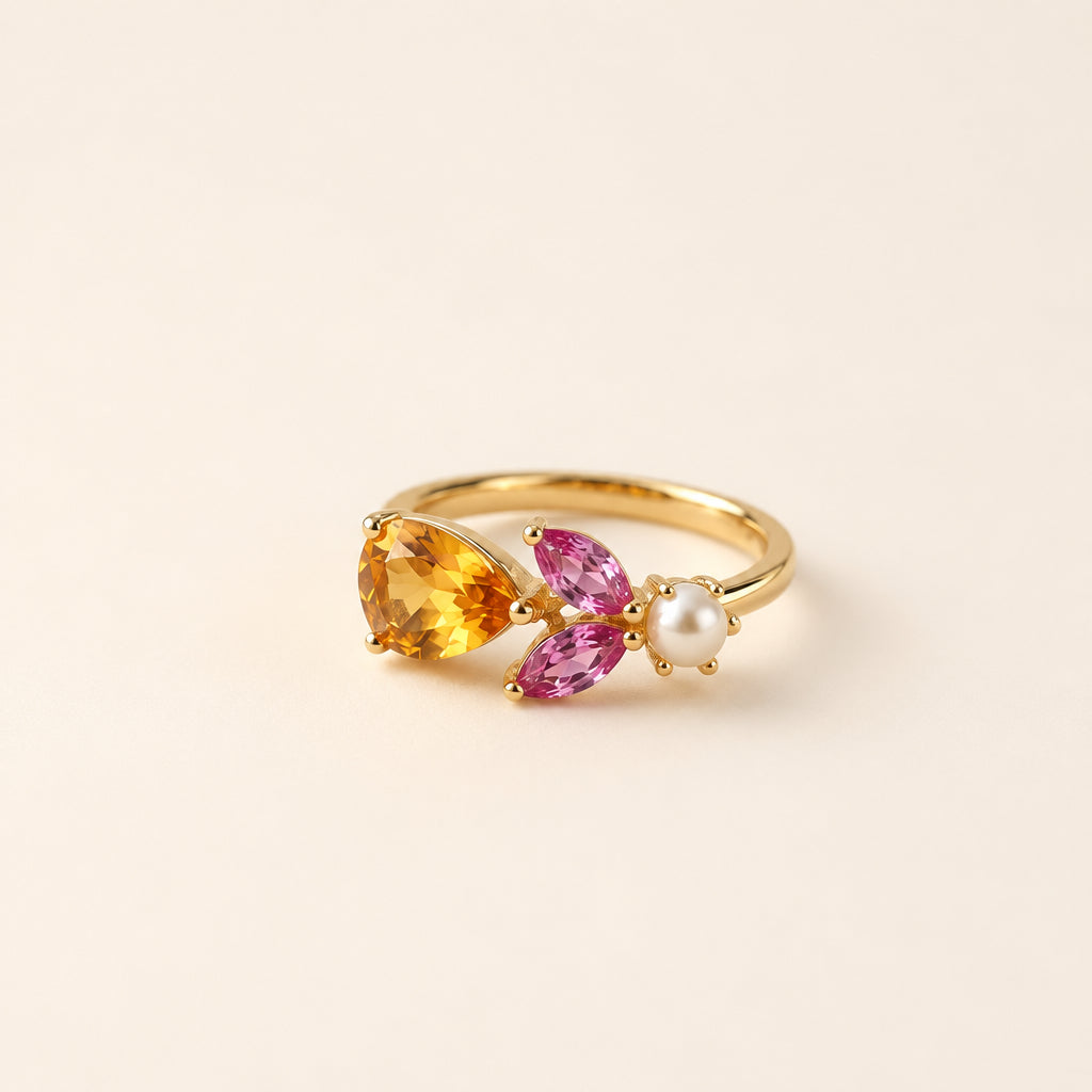 Pear-Cut Citrine, Pink Sapphire & Pearl Floral Cluster Ring