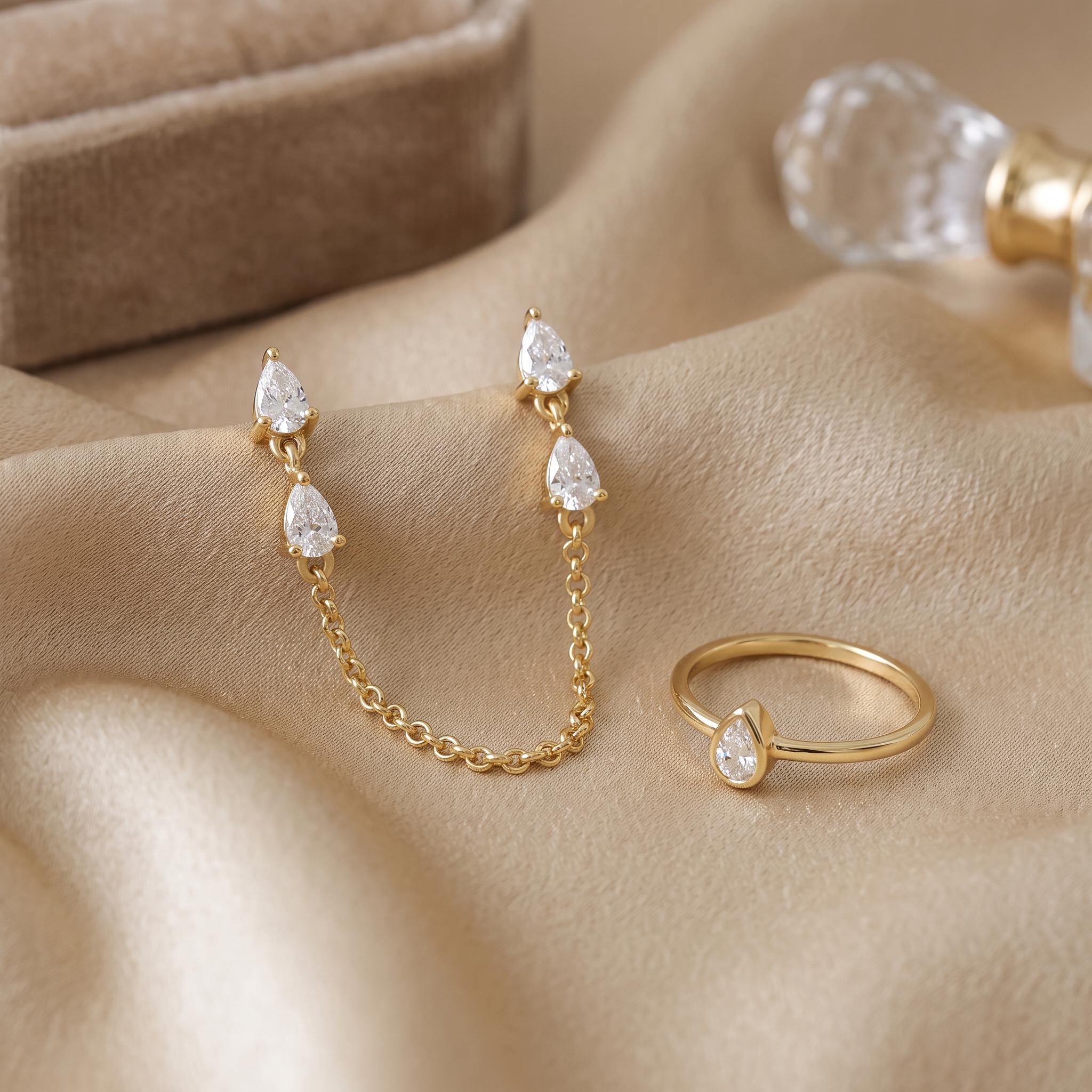 Pear Moissanite Double Stud Chain Earrings, Two-Hole Drape Chain | Bridal Ear Stack Gift