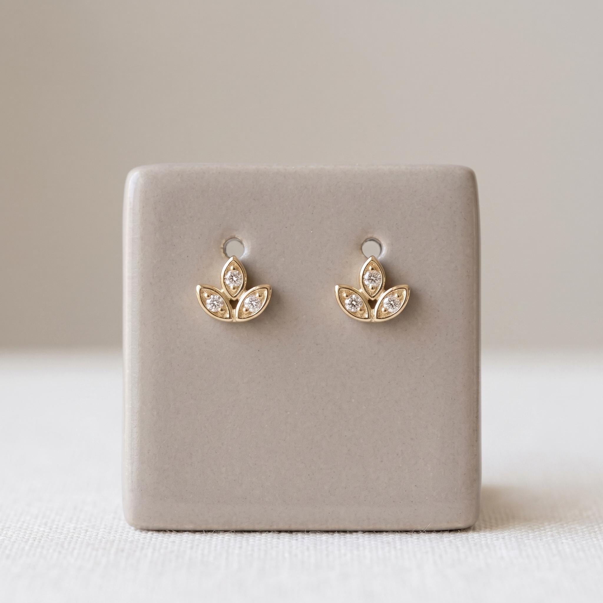 Moissanite Leaf Stud Earrings in Gold, Dainty Three-Petal Lotus Cluster | Cartilage & Lobe Gift
