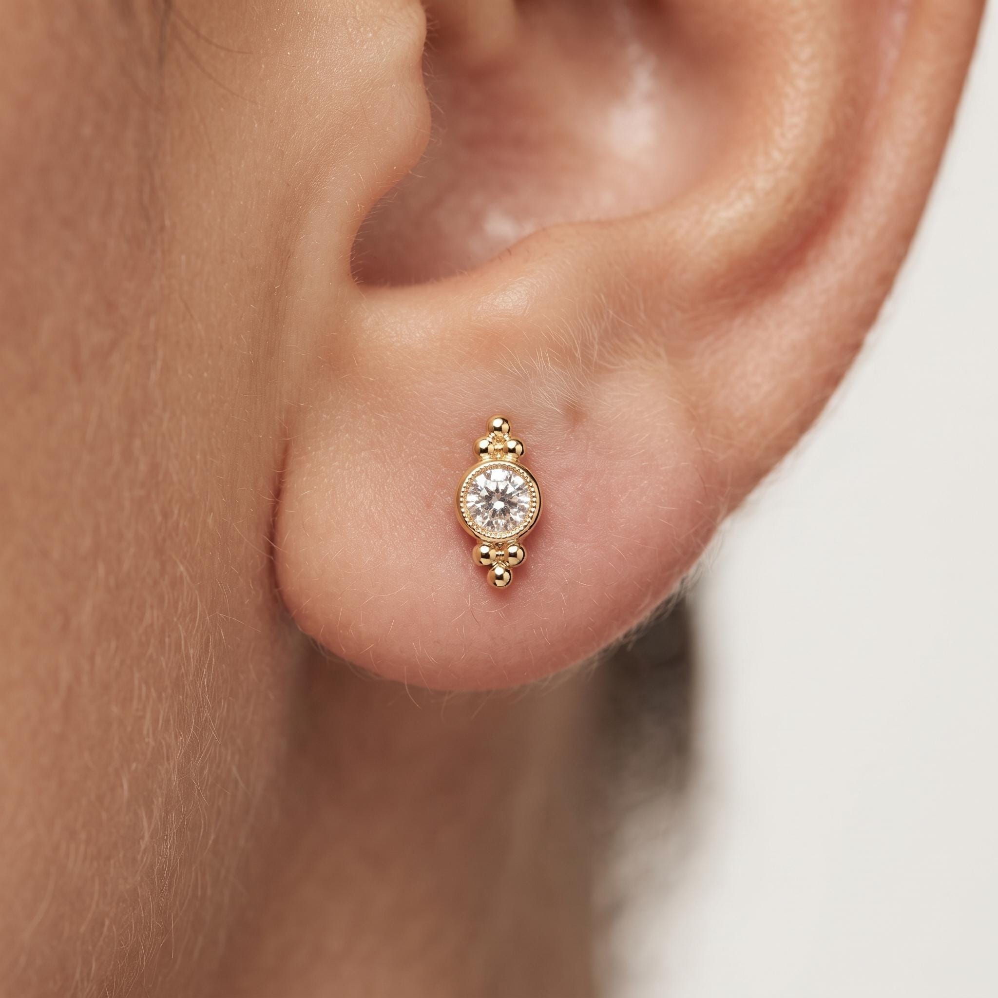 Round Moissanite Bezel Stud Earrings in Gold, Dainty Beaded Setting | Cartilage & Lobe Gift