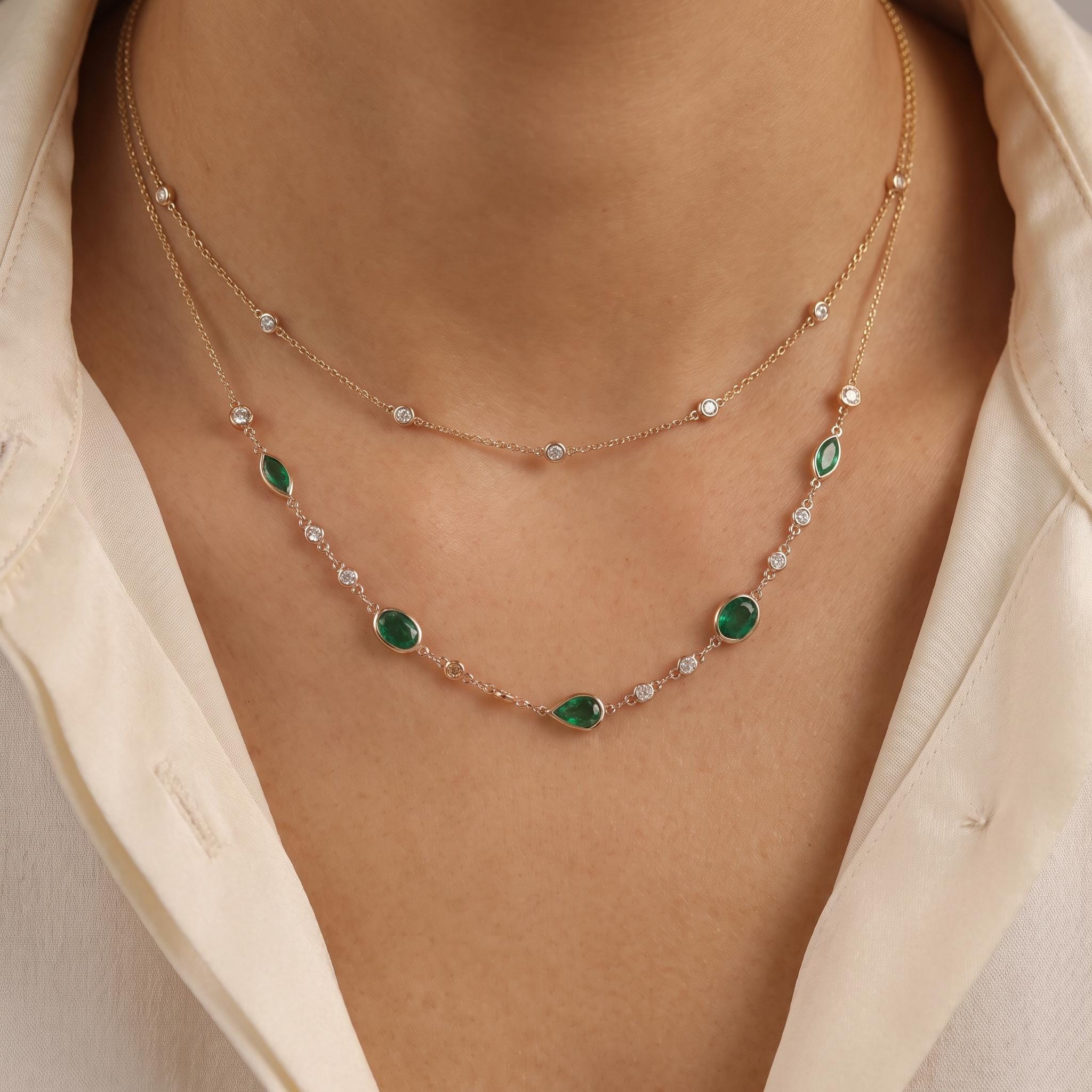Lab Emerald Station Necklace, Alternating Marquise & Oval Cut with Moissanite | Anniversary Gift