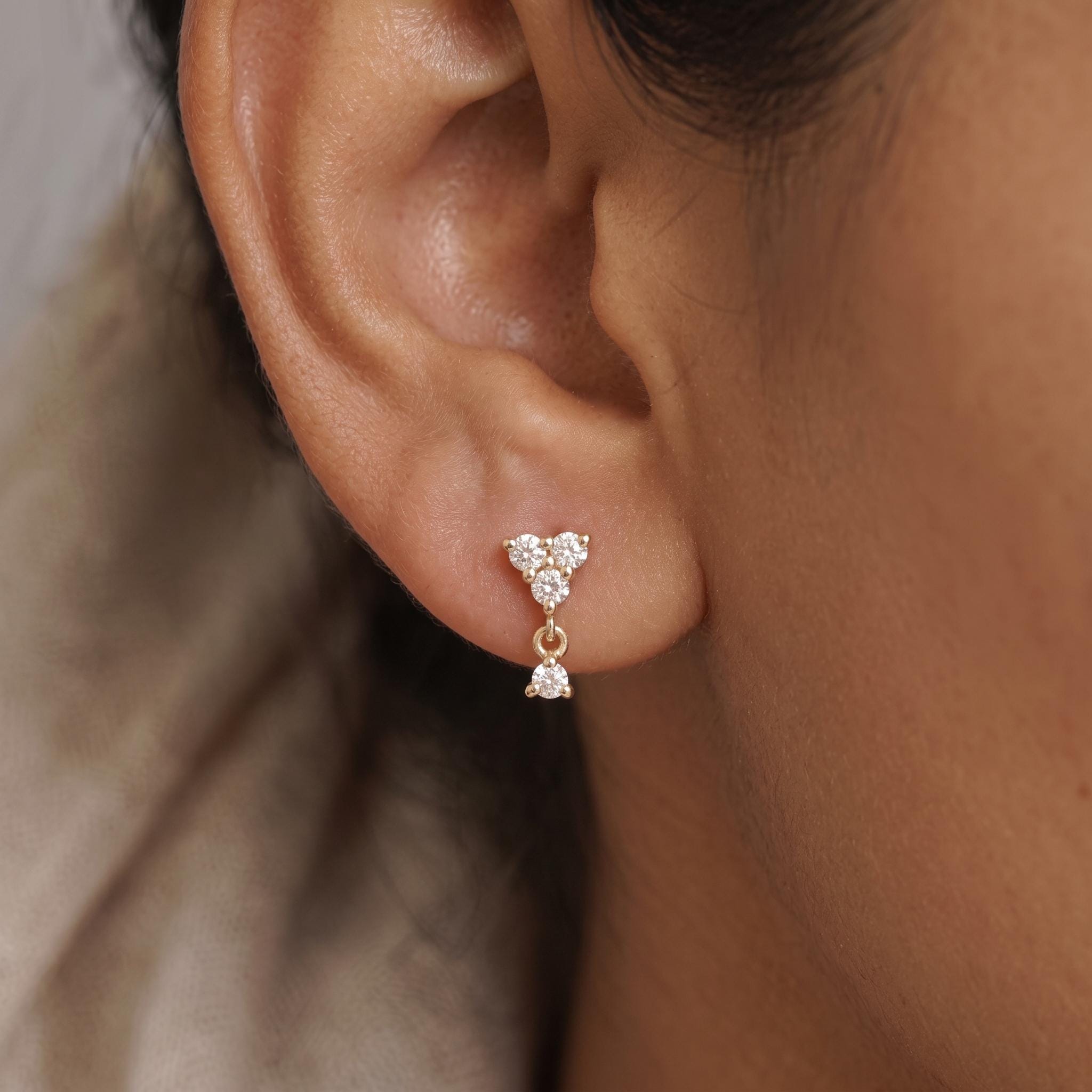 Moissanite Cluster Drop Earrings in Gold, Triangle Stud with Dangle | Bridal & Anniversary Gift