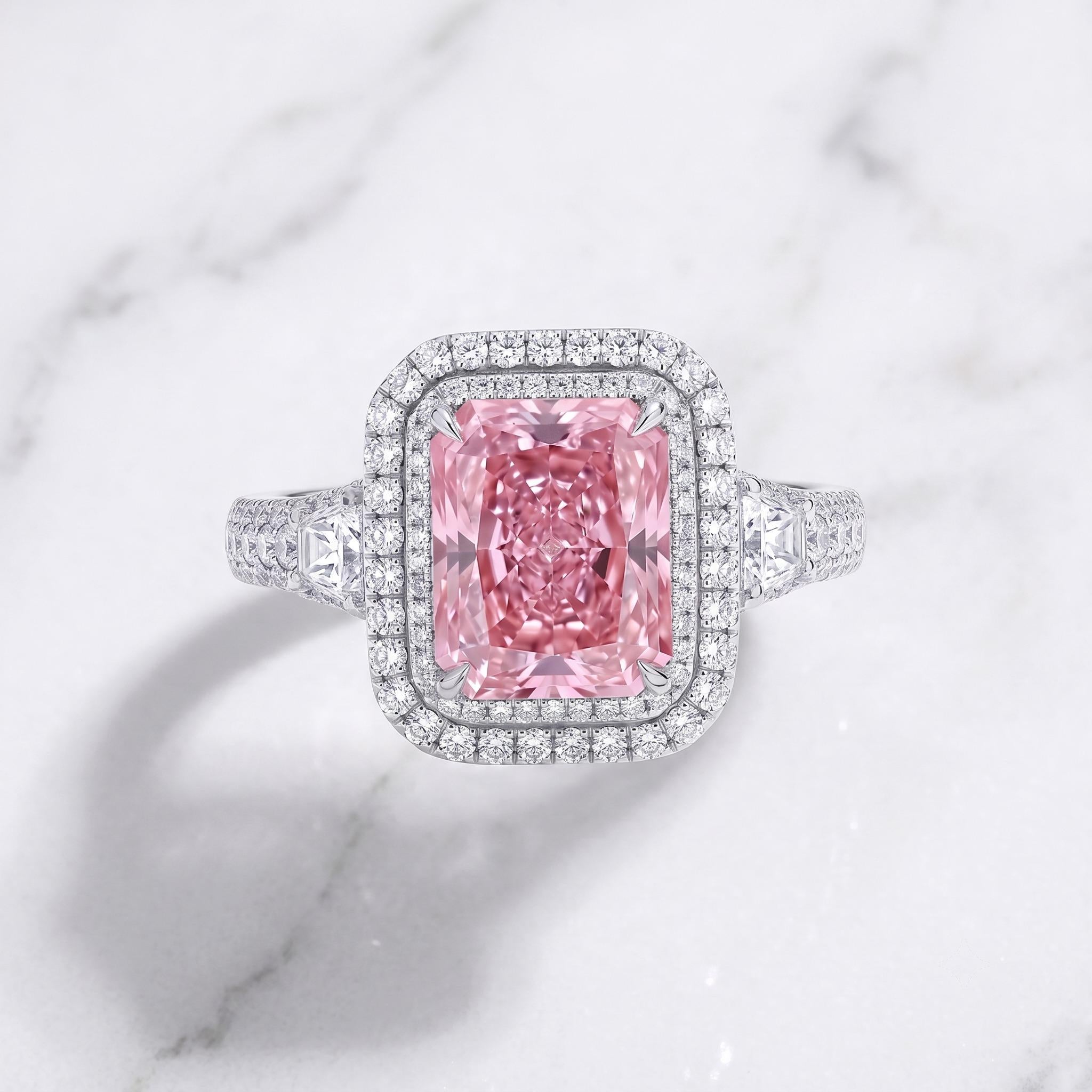 Pink Moissanite Emerald Cut Engagement Ring in Gold, Double Halo Statement Ring | Alternative Bridal Ring Gift for Her