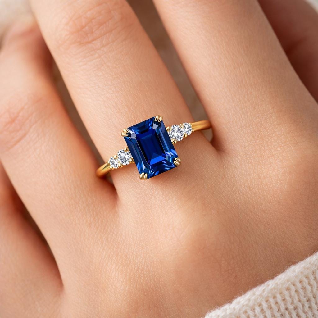 Emerald Cut Blue Sapphire & Moissanite Engagement Ring