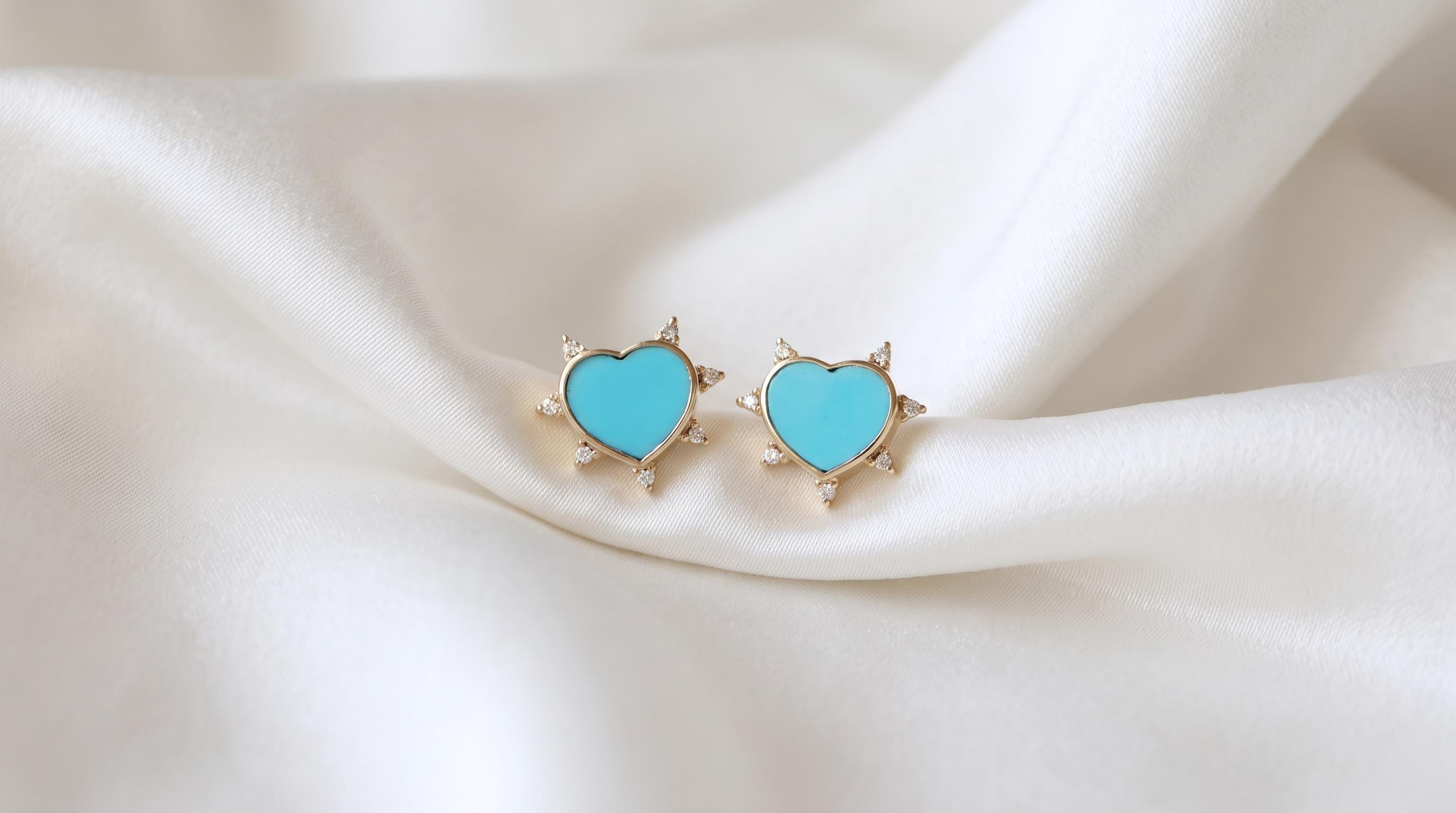 Lab Turquoise Heart Stud Earrings with Moissanite Halo, Starburst Heart Studs in Gold | December Birthstone Gift