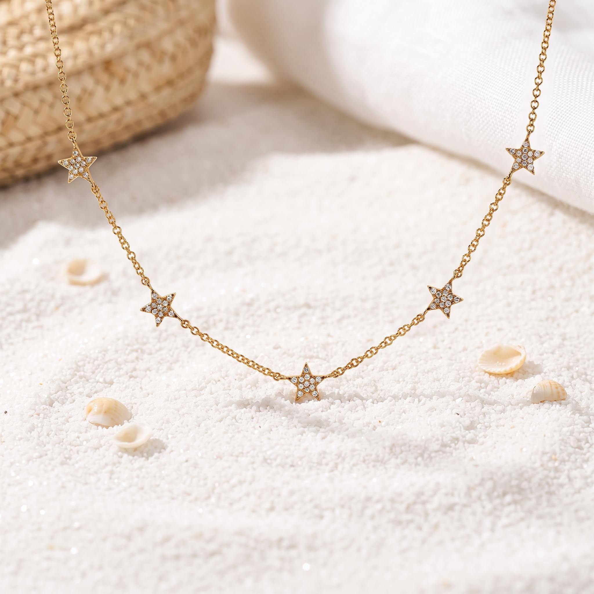 Moissanite Star Choker Necklace in Gold, 5-Star Celestial Station Choker | Minimalist Layering Necklace Gift for Her