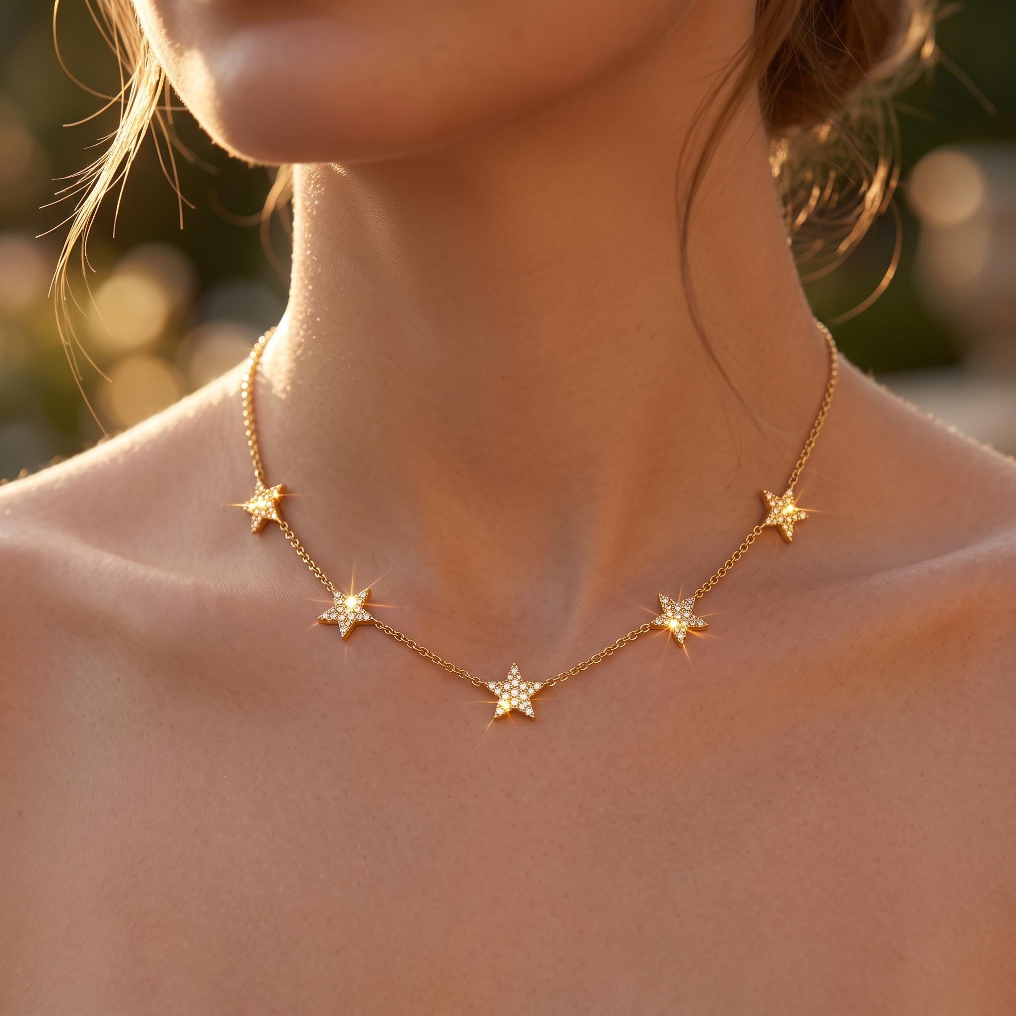 Moissanite Star Choker Necklace in Gold, 5-Star Celestial Station Choker | Minimalist Layering Necklace Gift for Her