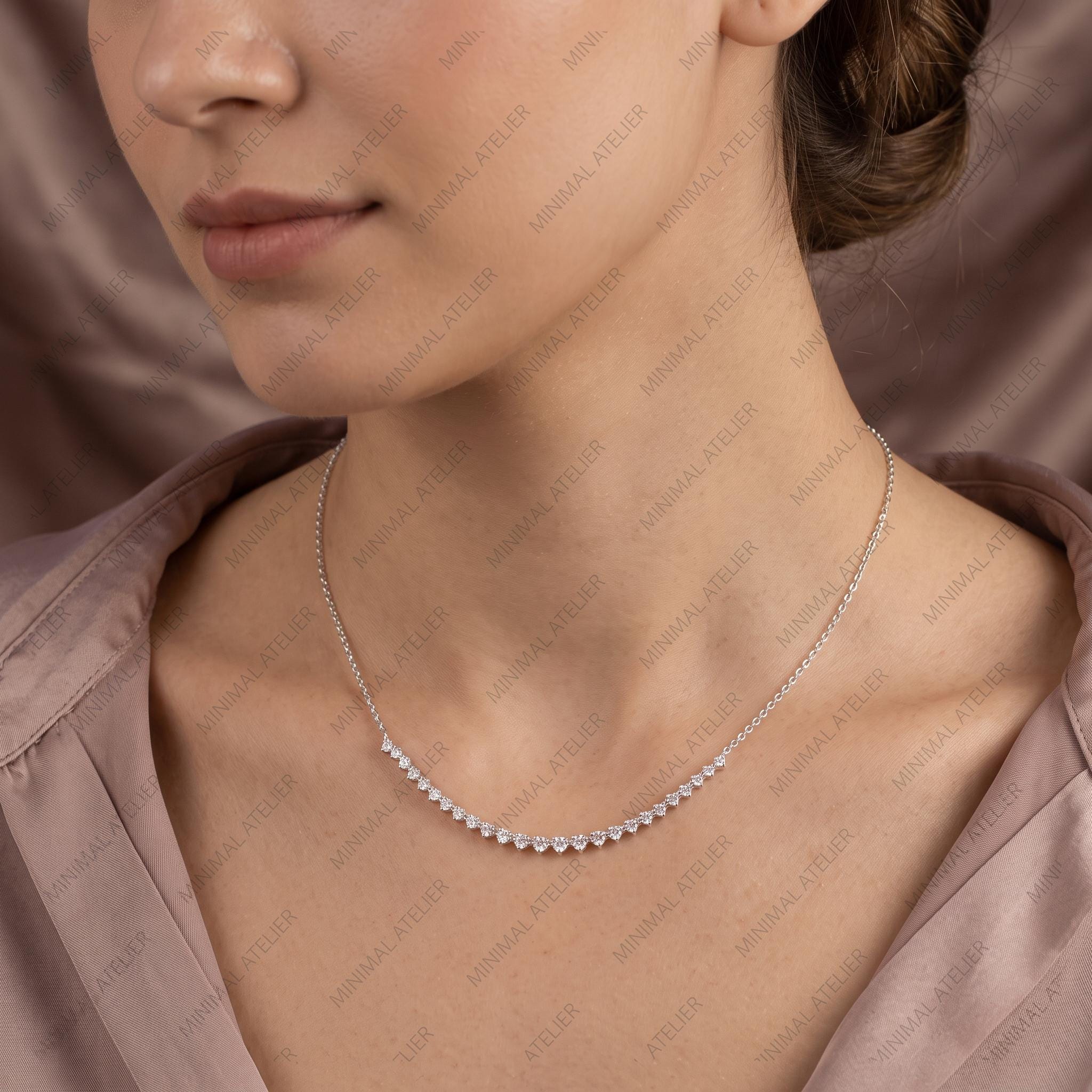Moissanite or Lab Diamond Tennis Necklace in Gold or Silver, Graduated Brilliant Necklace | Minimalist Layering Gift for Her