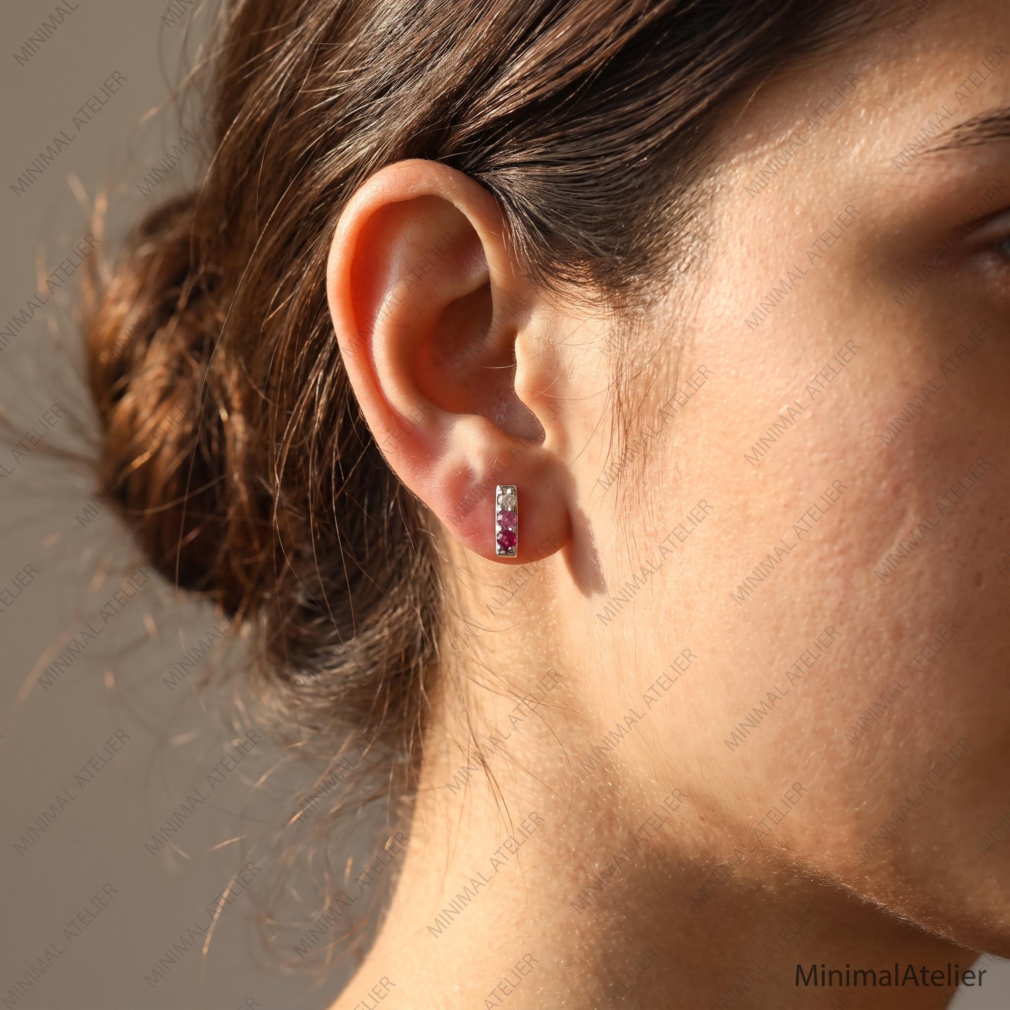 Lab Ruby & Pink Sapphire Bar Stud Earrings in Gold or Silver, Moissanite Accent | Minimalist Ear Stack Gift for Her