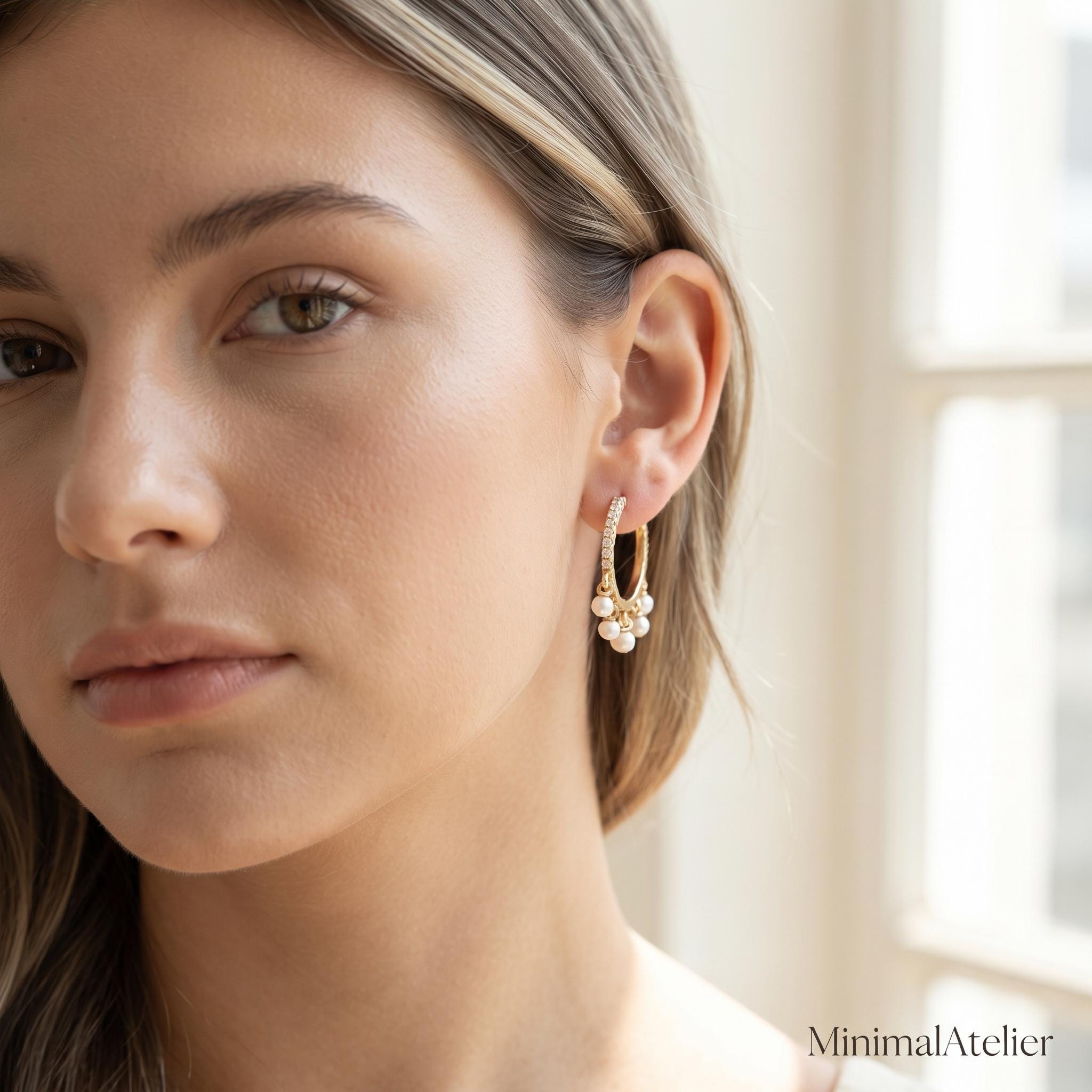 Pearl Drop Huggie Hoops with Moissanite Accents | Gold or Silver Huggie Earrings | Bridal Gift for Her