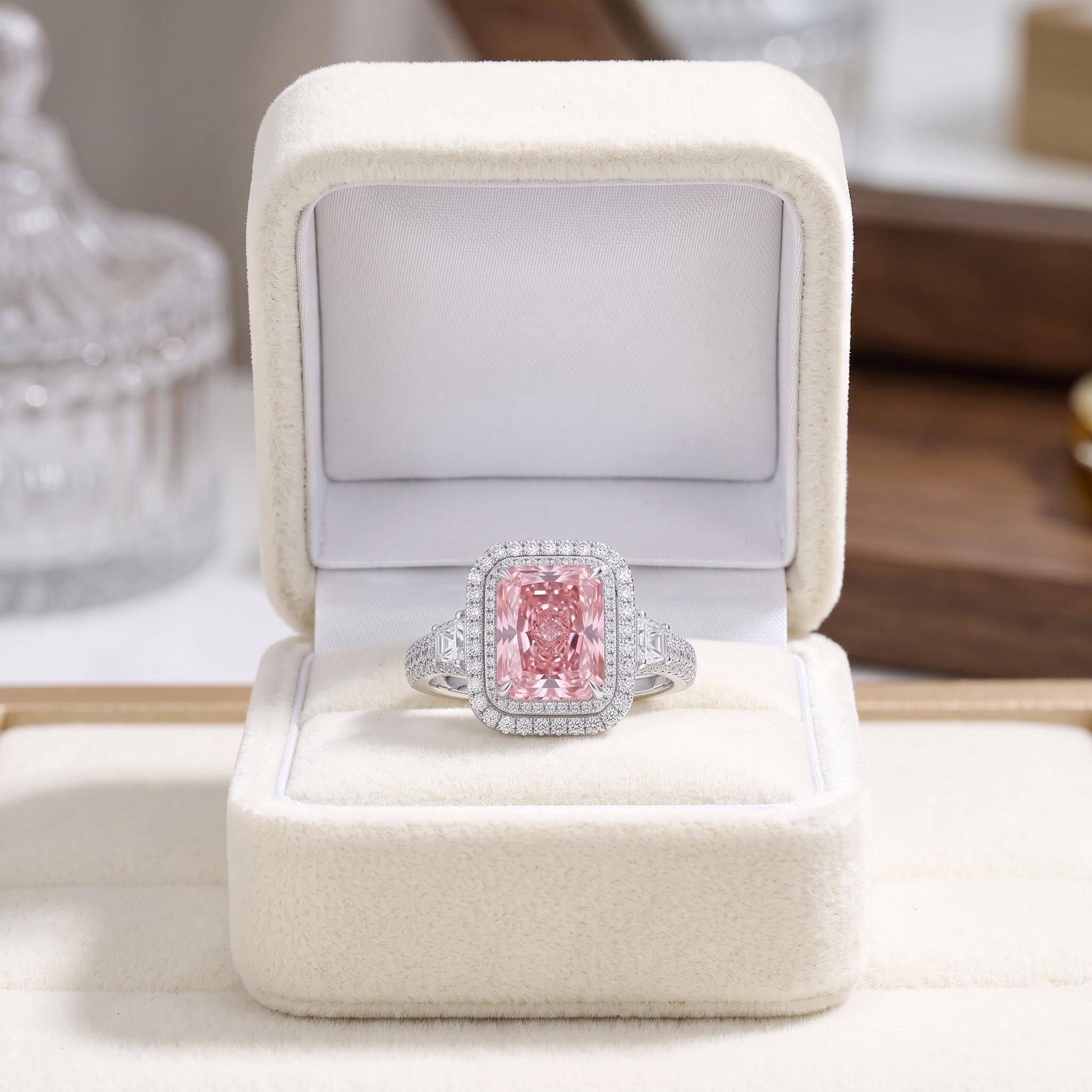 Pink Moissanite Emerald Cut Engagement Ring in Gold, Double Halo Statement Ring | Alternative Bridal Ring Gift for Her