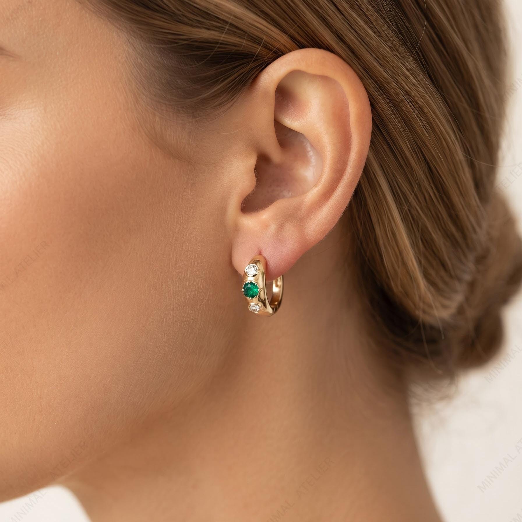 Lab Emerald Starburst Huggie Hoop Earrings with Moissanite & Lab Diamond | May Birthstone
