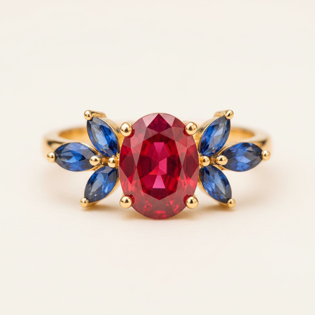 A gold ring featuring a large oval red gemstone in the center and four blue marquise-cut gemstones arranged in a floral pattern on either side, resting on a textured stone surface with a blurred natural background.