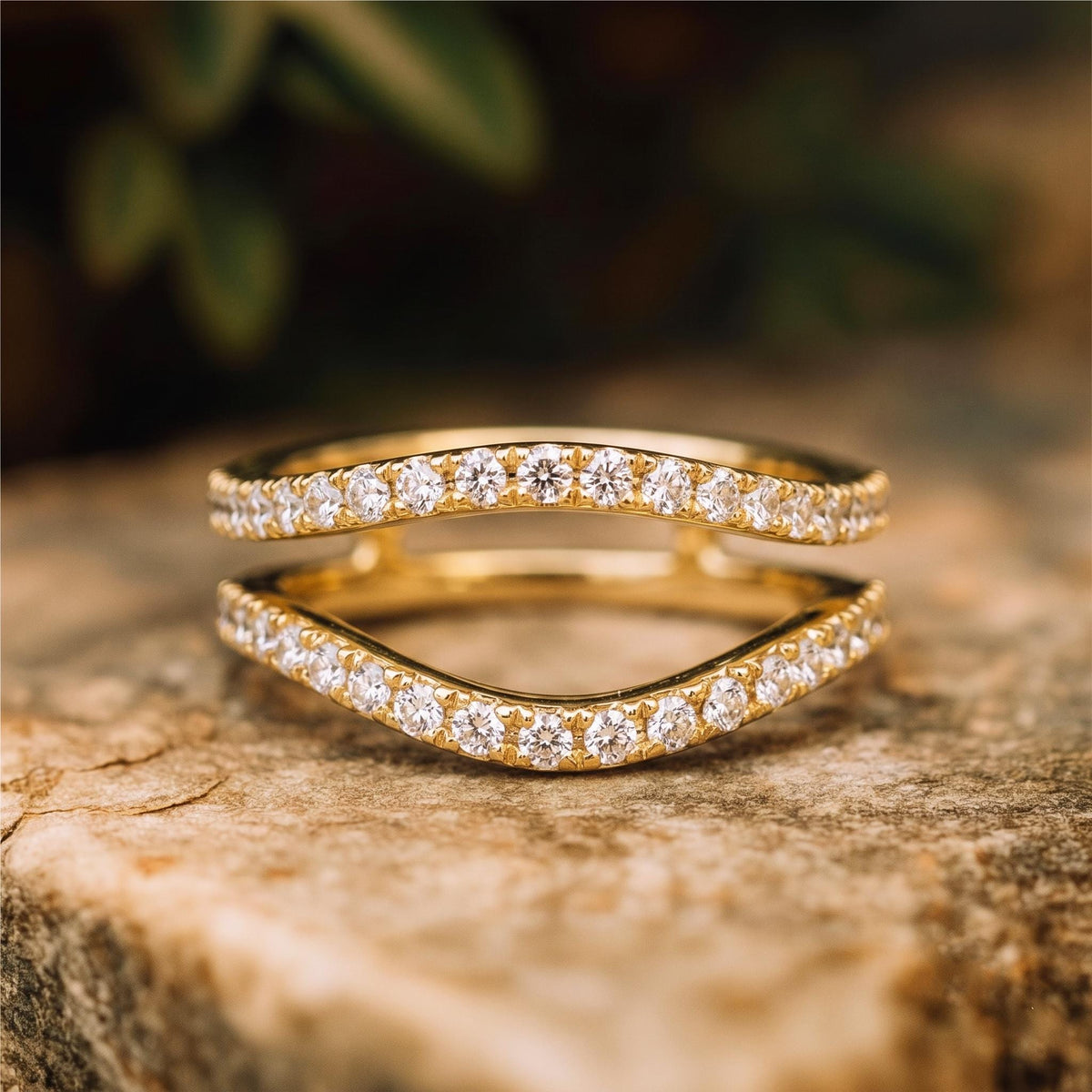 Round Moissanite Ring Enhancer Solid Gold Curved Wedding Band Matching Stacking Ring Double Chevron Guard Ring Minimalist Bridal Jewelry