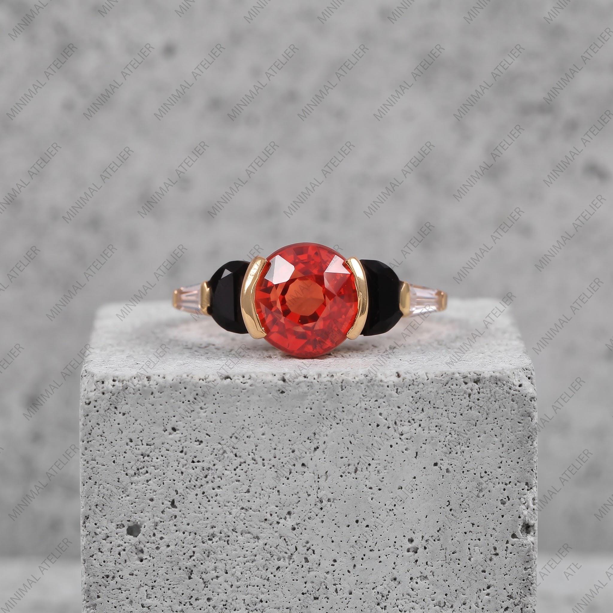Lab Orange Sapphire Five Stone Engagement Ring in Gold, Half-Bezel Art Deco Ring with Black Onyx | Alternative Bridal Ring Gift for Her