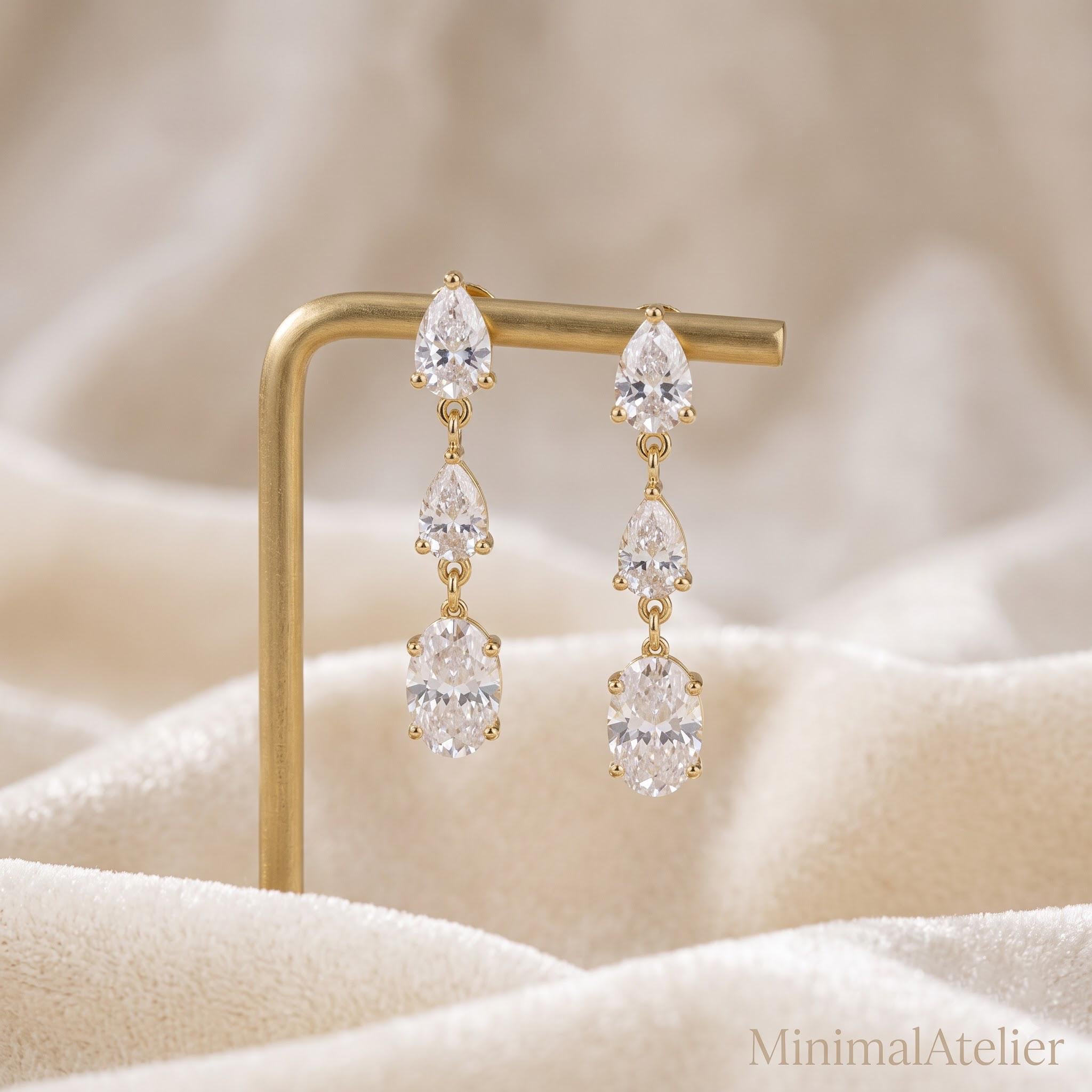 Moissanite Triple Drop Bridal Earrings | Pear & Oval Cut | Dangle Earrings
