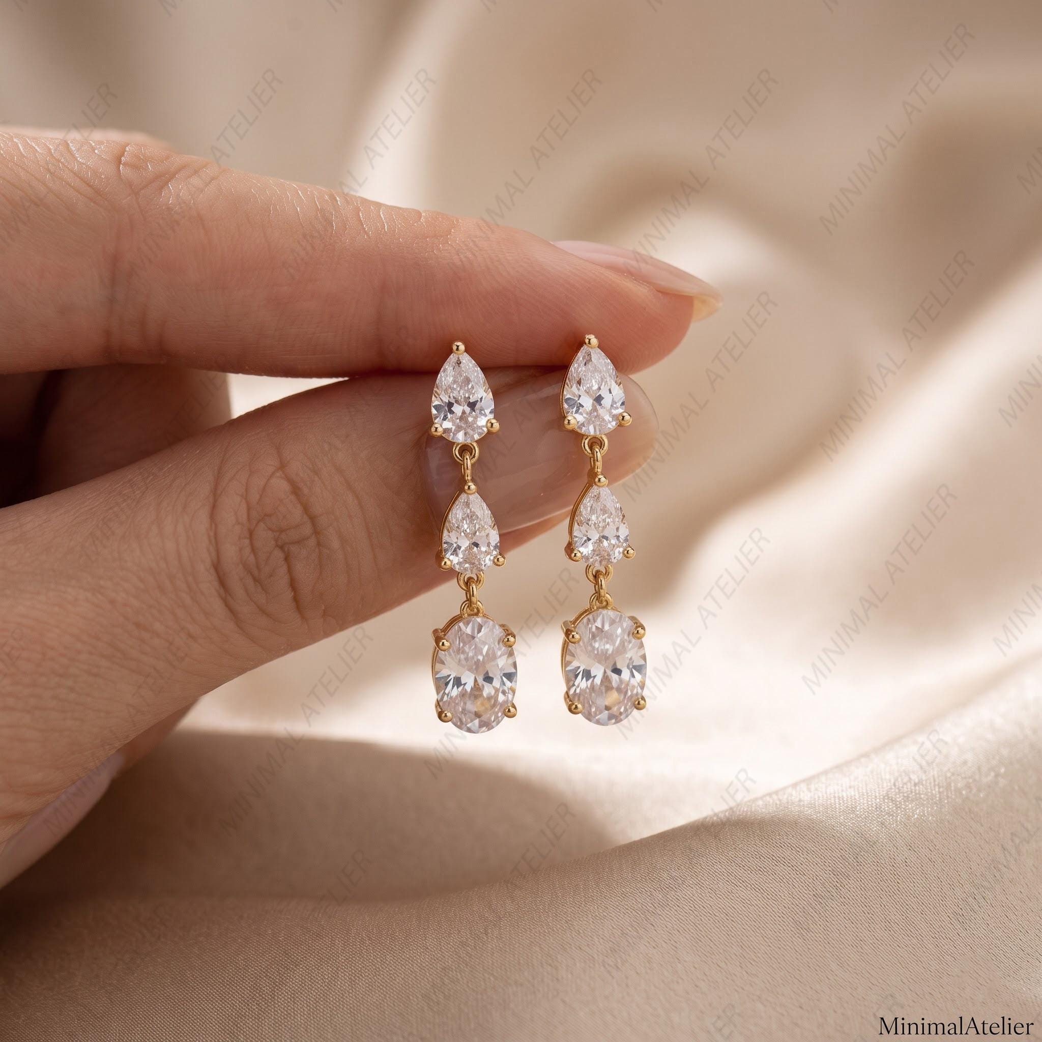 Moissanite Triple Drop Bridal Earrings | Pear & Oval Cut | Dangle Earrings