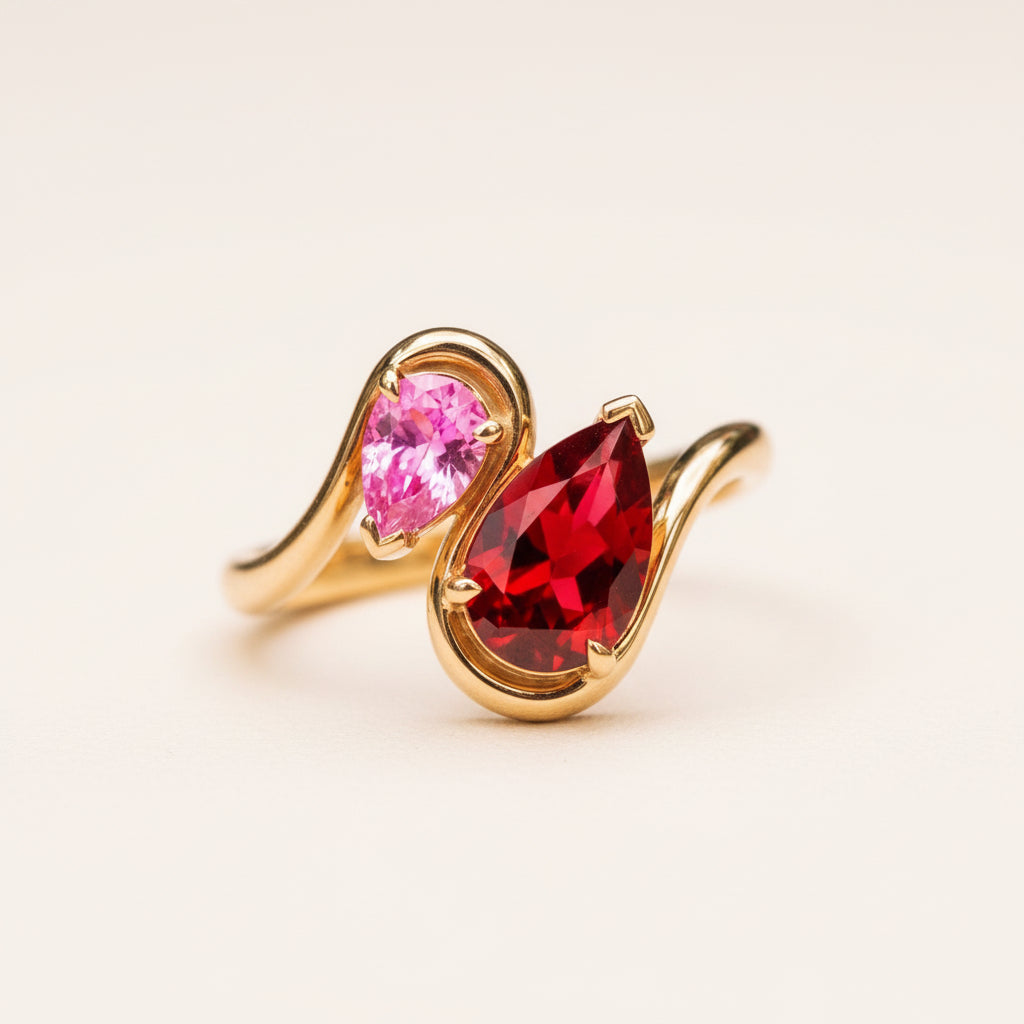 A gold ring with two teardrop-shaped gemstones, one vibrant pink and one rich red, resting on a textured stone surface with a blurred natural background.