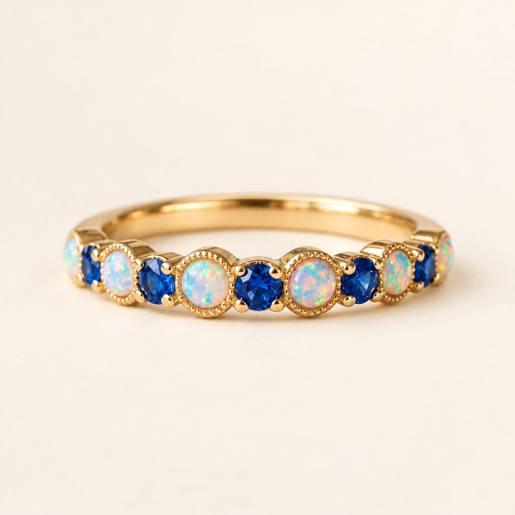 Lab-Created Blue Sapphire & White Opal Milgrain Half Eternity Band