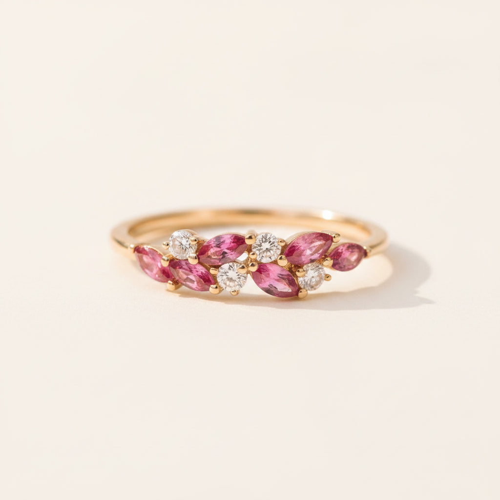 Dainty Pink Sapphire Cluster Ring with Moissanite | Marquise Cut | Art Deco Alternative Engagement Ring, 925 Silver or Gold Alloy