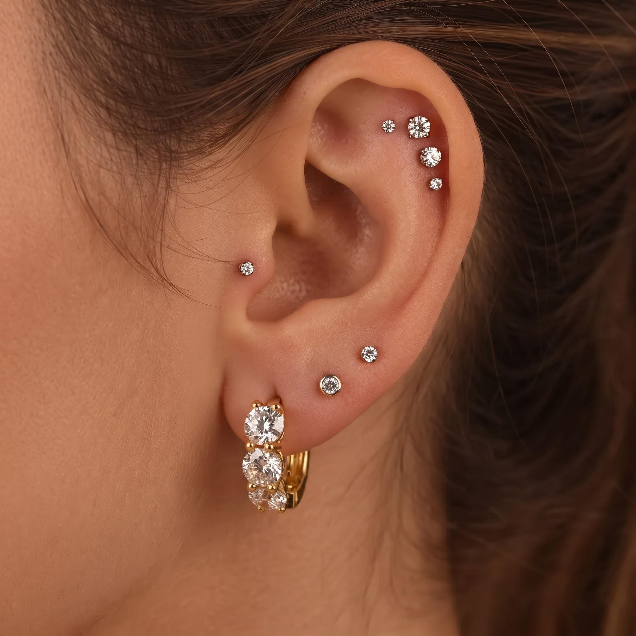 Round Moissanite Huggie Hoop Earrings | 3-Stone | Lab Grown | 925 Silver