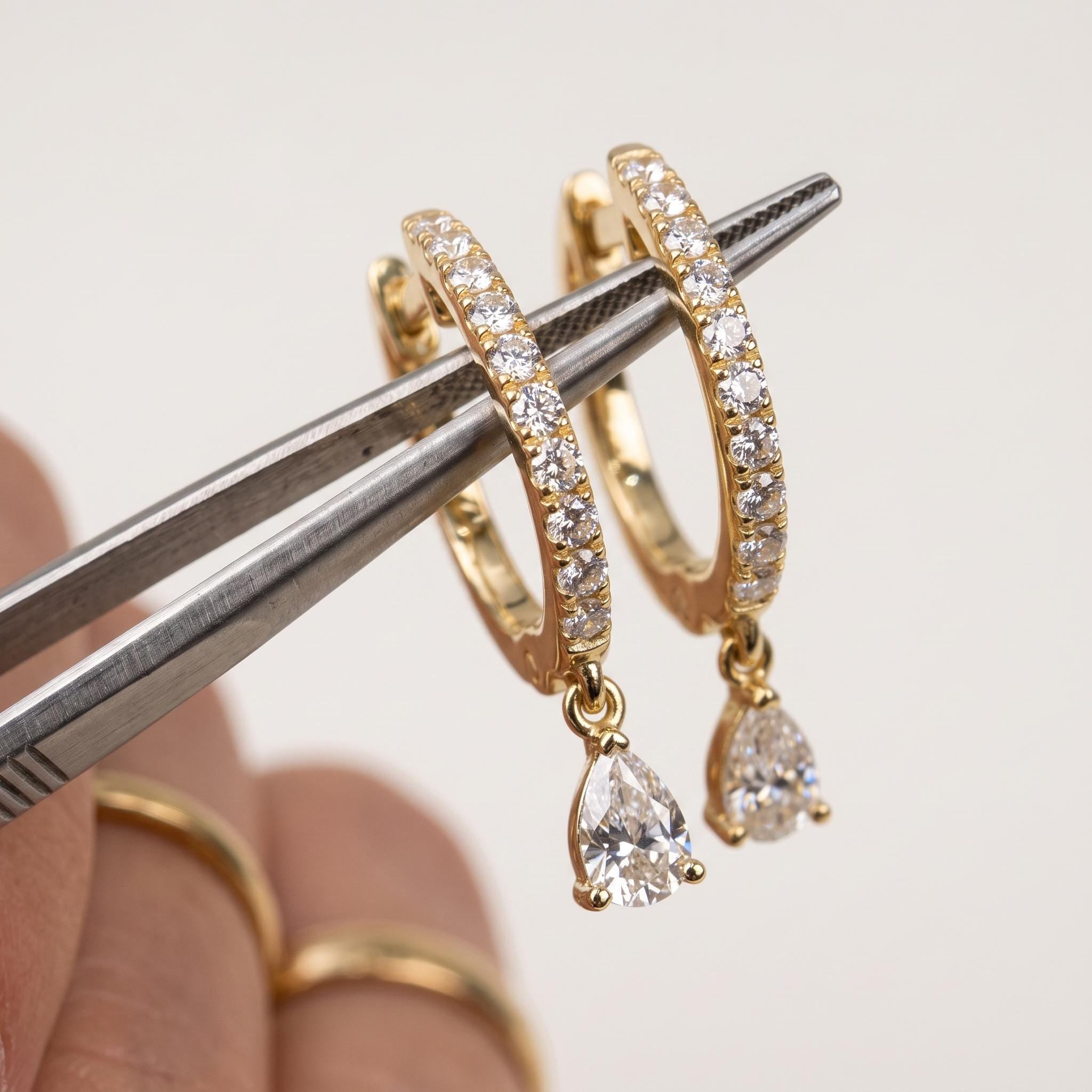Pear Moissanite Drop Hoop Earrings in Gold, Pave Huggie with Teardrop Dangle | Bridal Gift