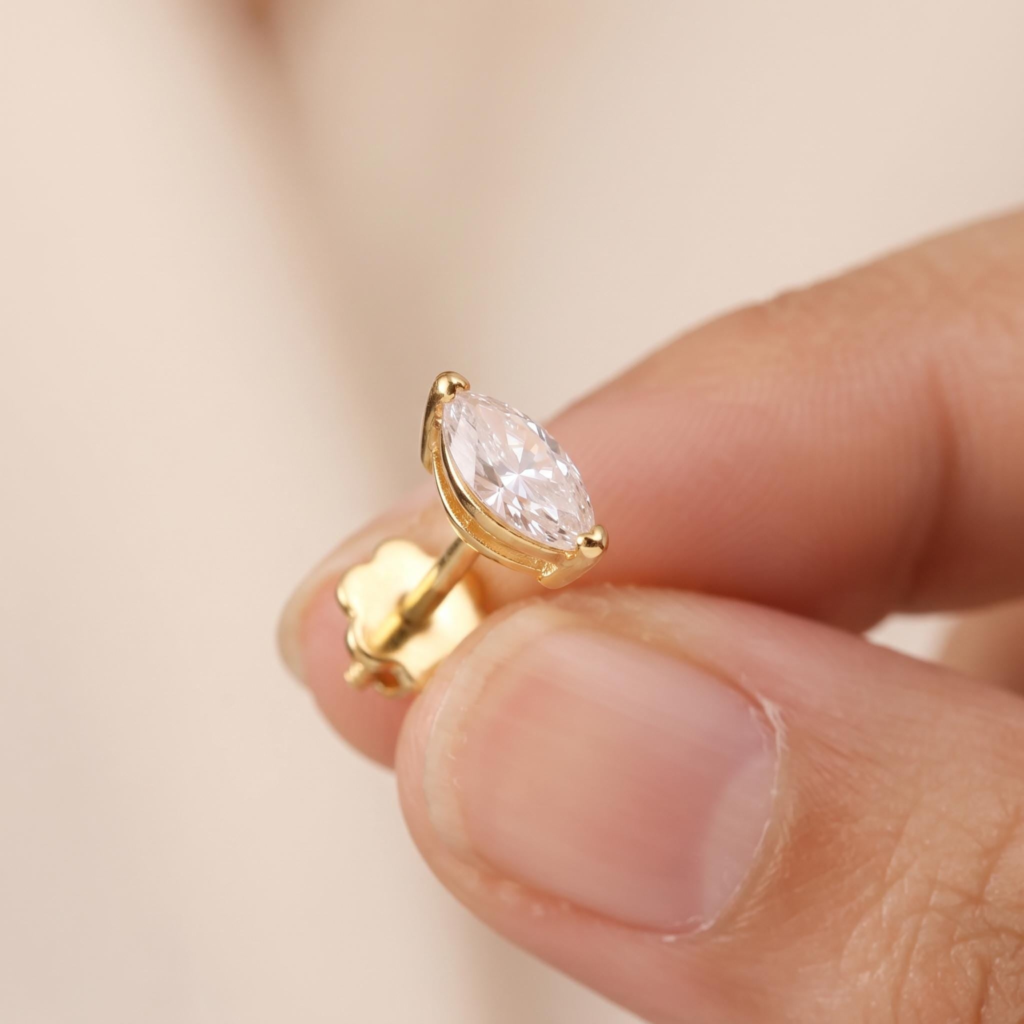 Marquise Moissanite Stud Earrings in Gold, Dainty 4-Prong Setting | Cartilage & Lobe Gift