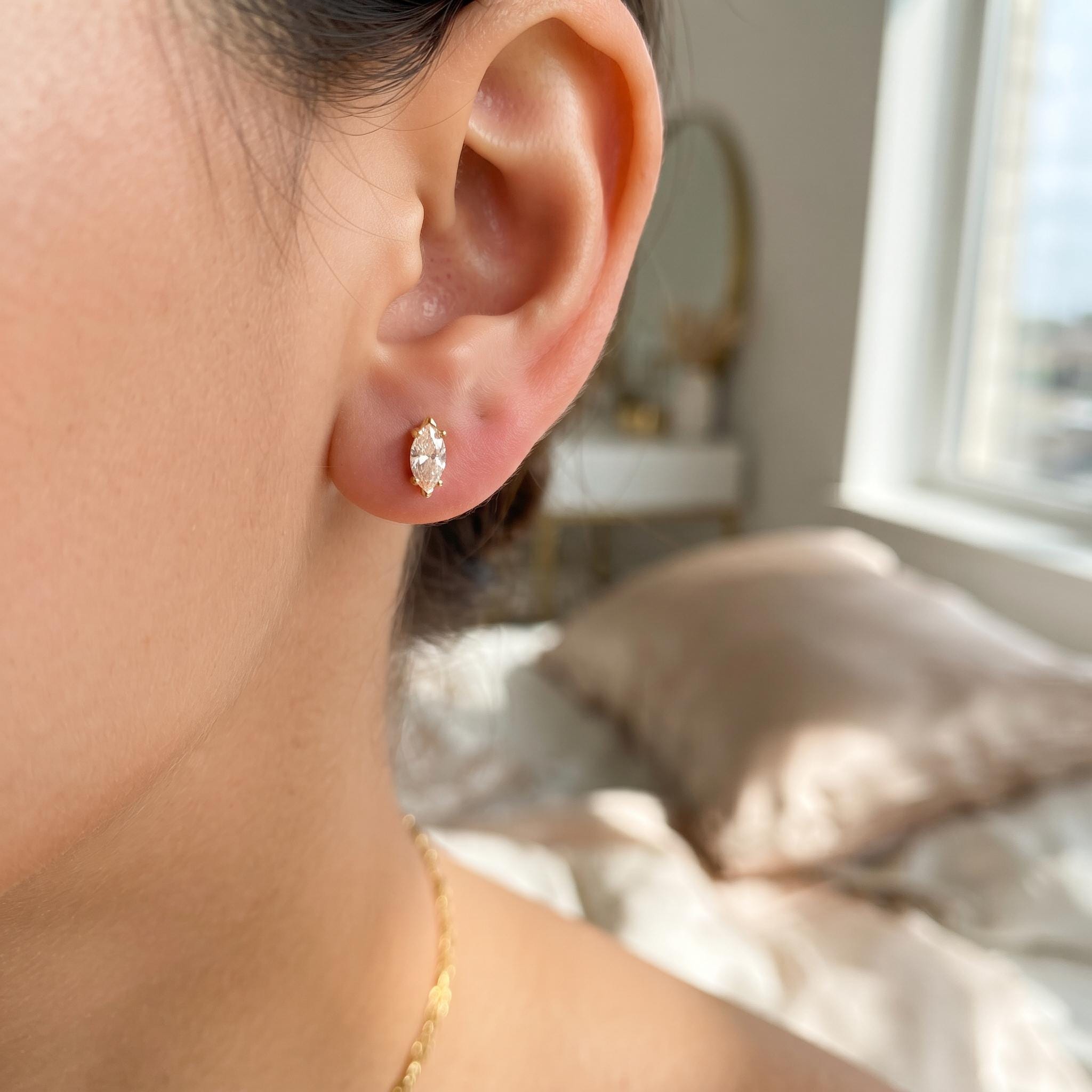 Marquise Moissanite Stud Earrings in Gold, Dainty 4-Prong Setting | Cartilage & Lobe Gift