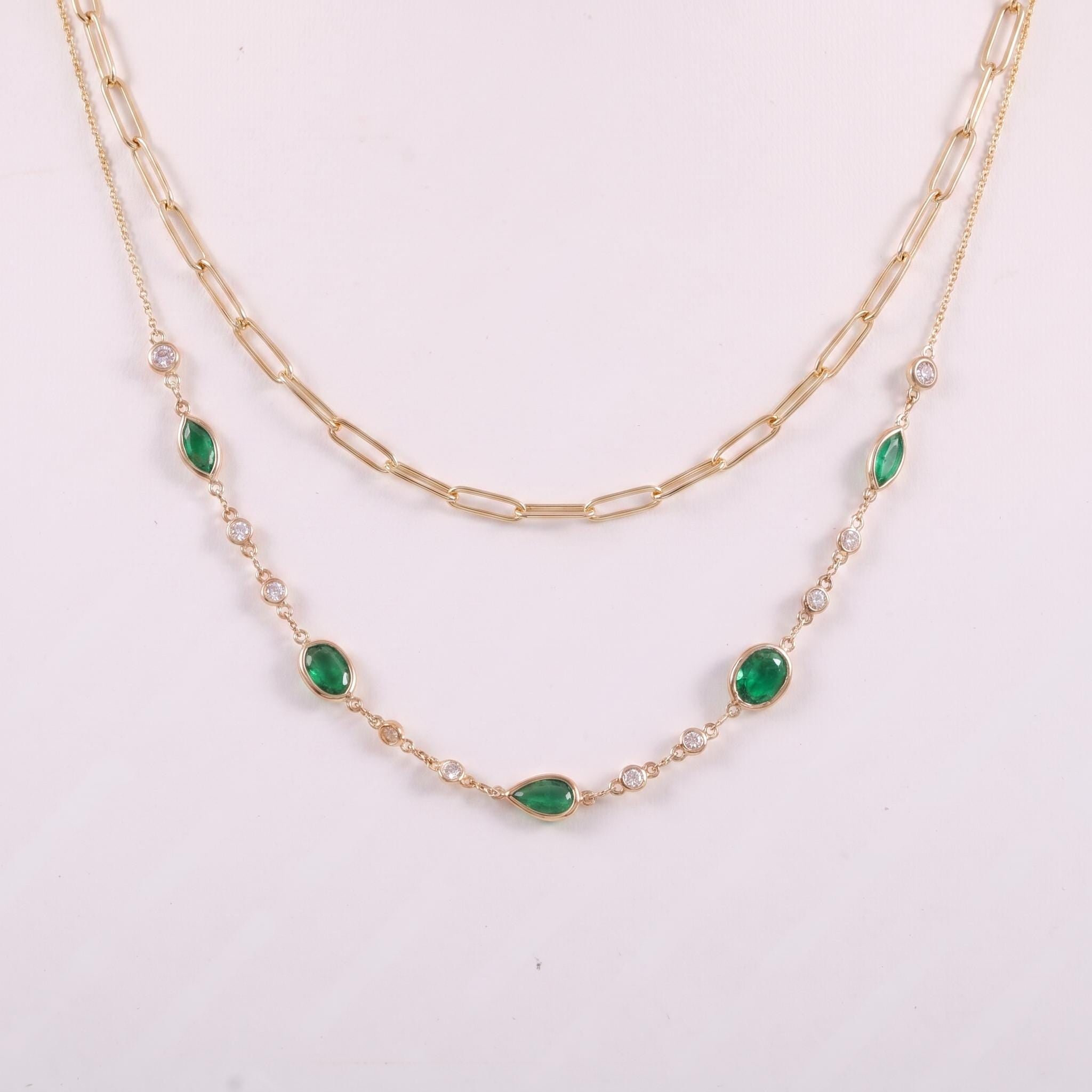 Lab Emerald Station Necklace, Alternating Marquise & Oval Cut with Moissanite | Anniversary Gift