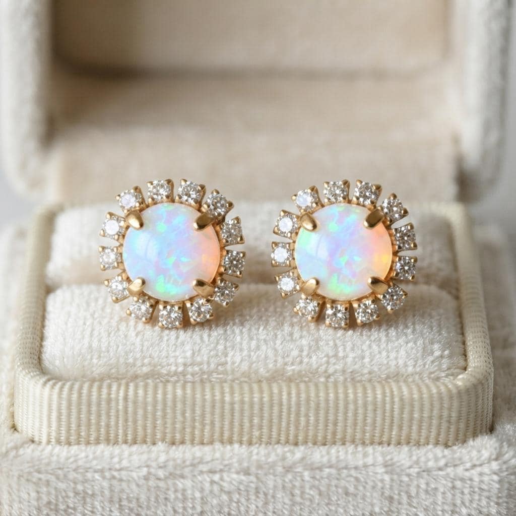 Ethiopian Opal Halo Stud Earrings in Silver, Moissanite or Lab Diamond Pave | October Birthstone Gift
