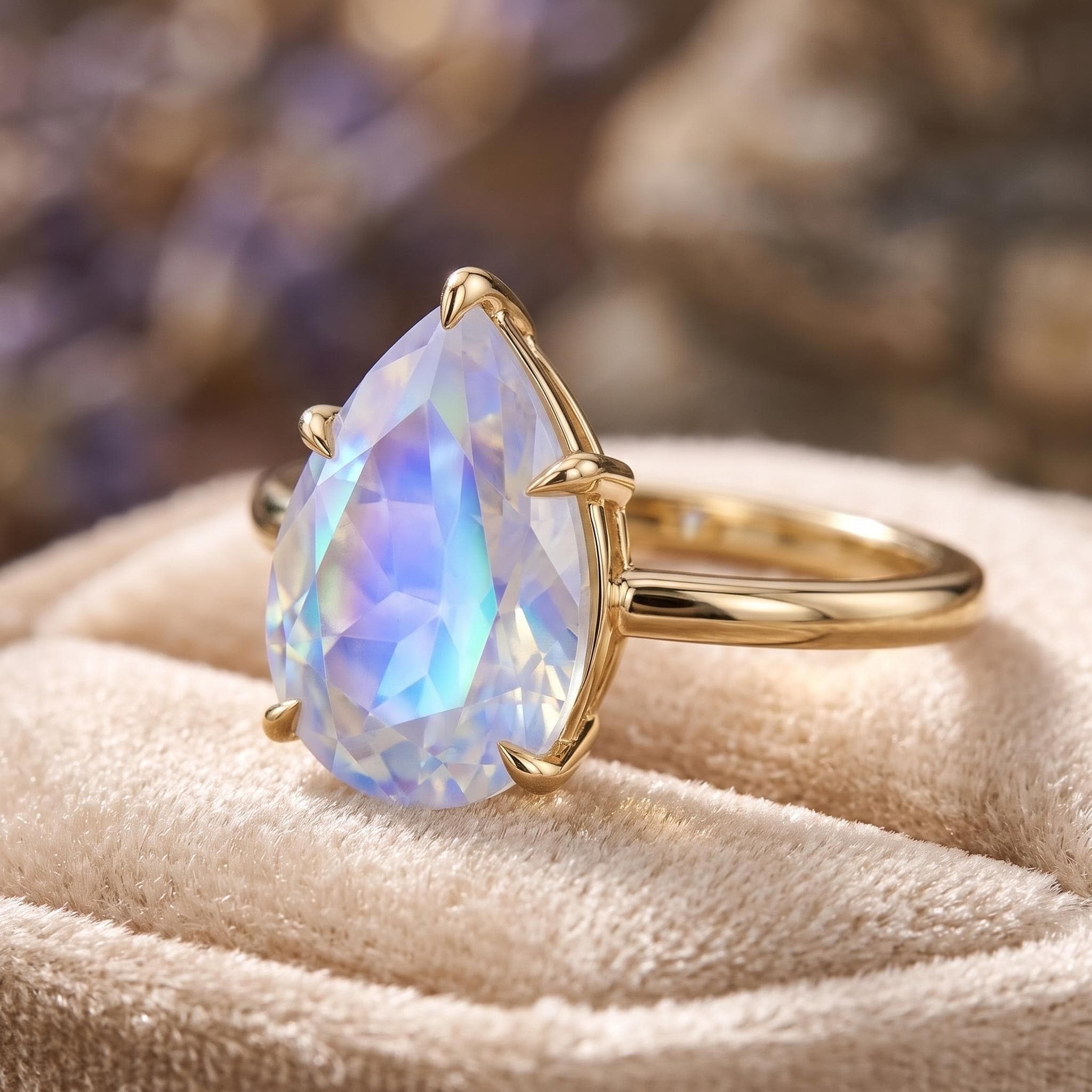 Pear Cut Lab Moonstone Ring in Gold, Blue Fire Teardrop Promise Ring | June Birthstone Gift for Her